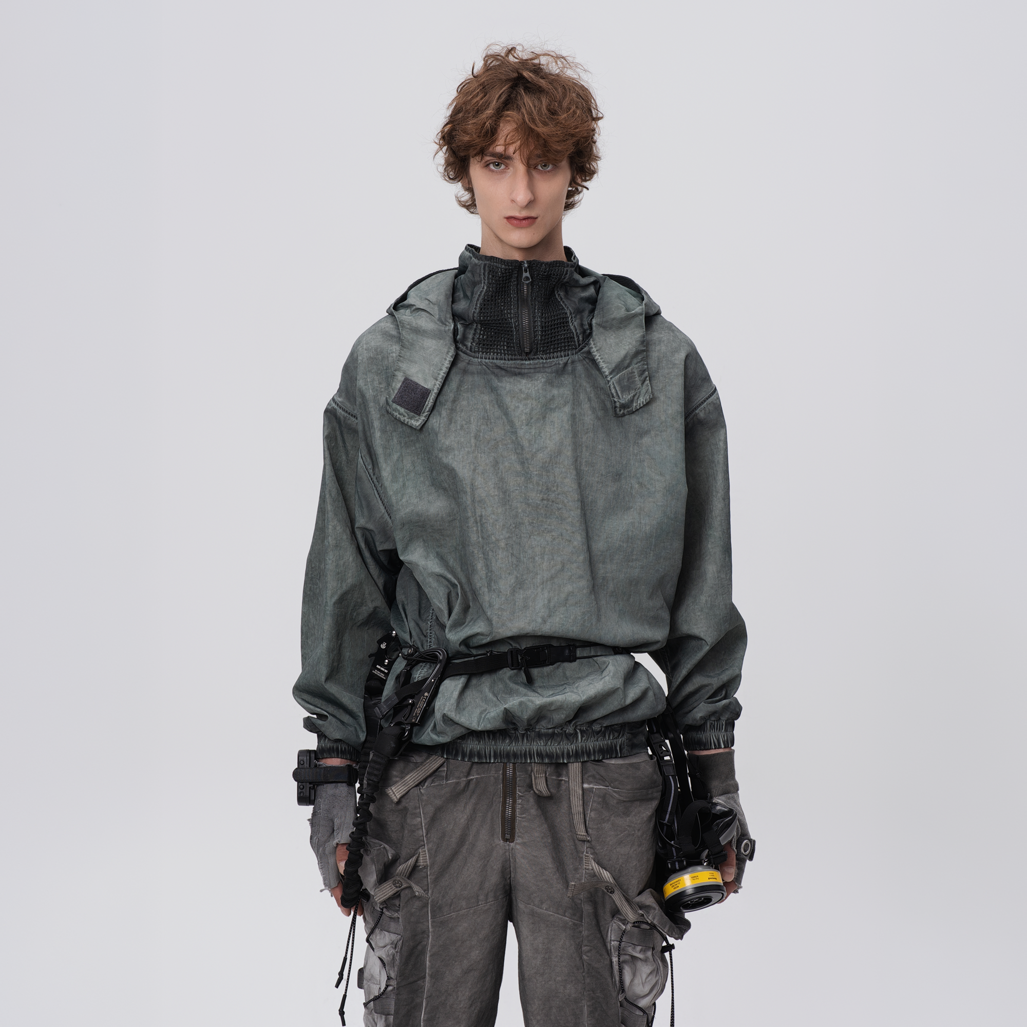 STEAM Distressed Zip-Up Detachable Hooded Jacket