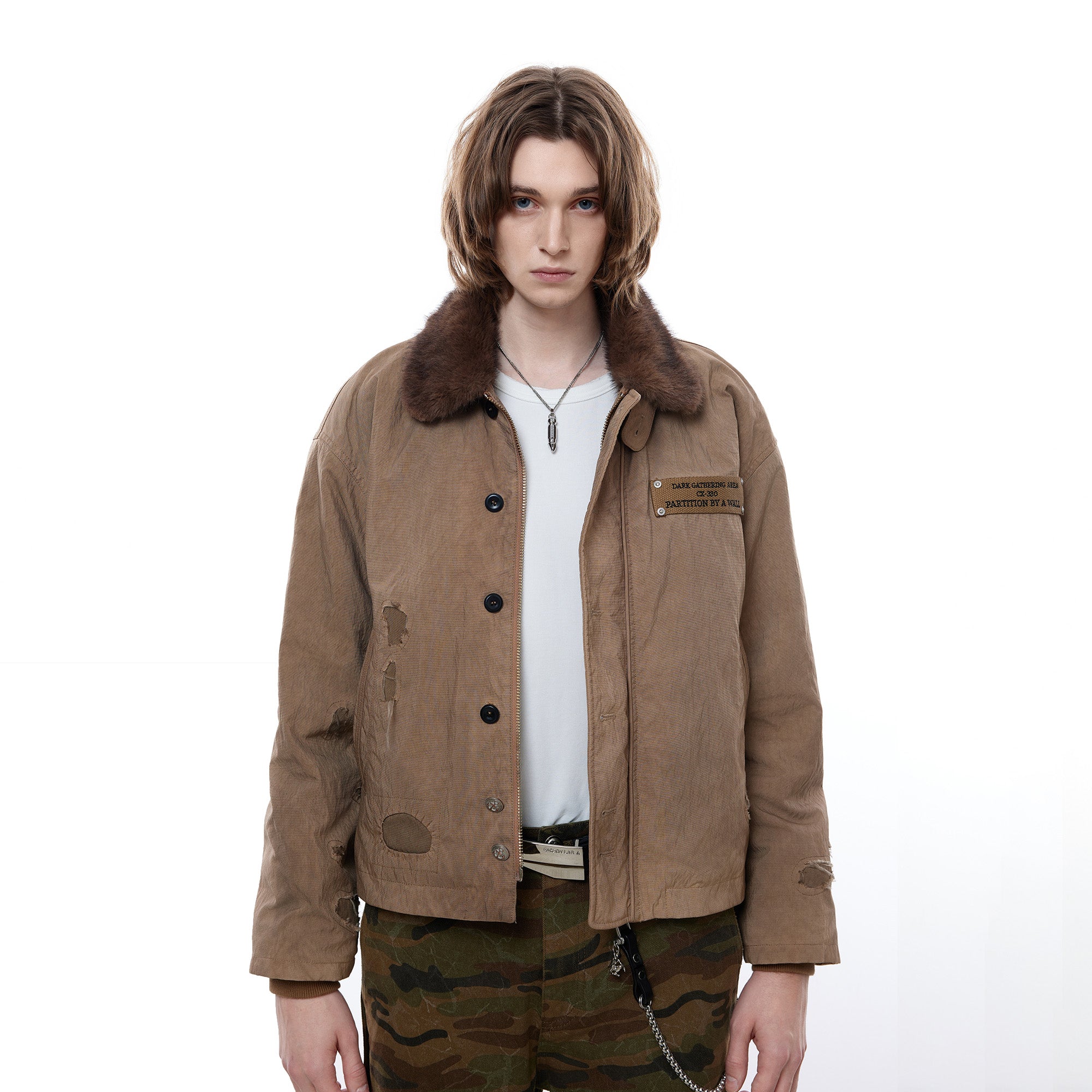 FACEONLAB Reversible Fleece Collar Deck Jacket Khaki