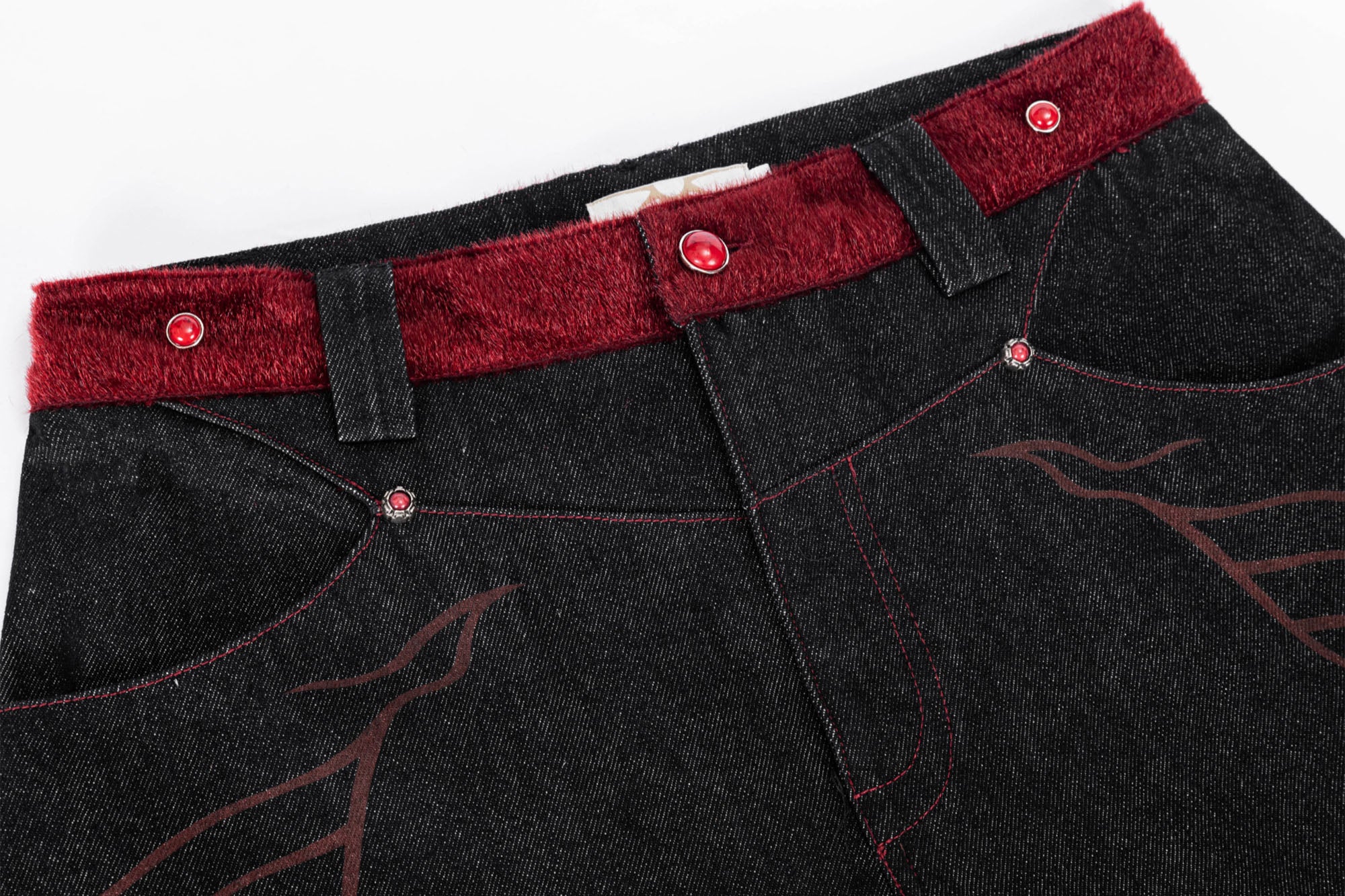 ESAIAS Vermilion Stitch Red Turquoise Curved Denim Pants, premium urban and streetwear designers apparel on PROJECTISR.com, ESAIAS