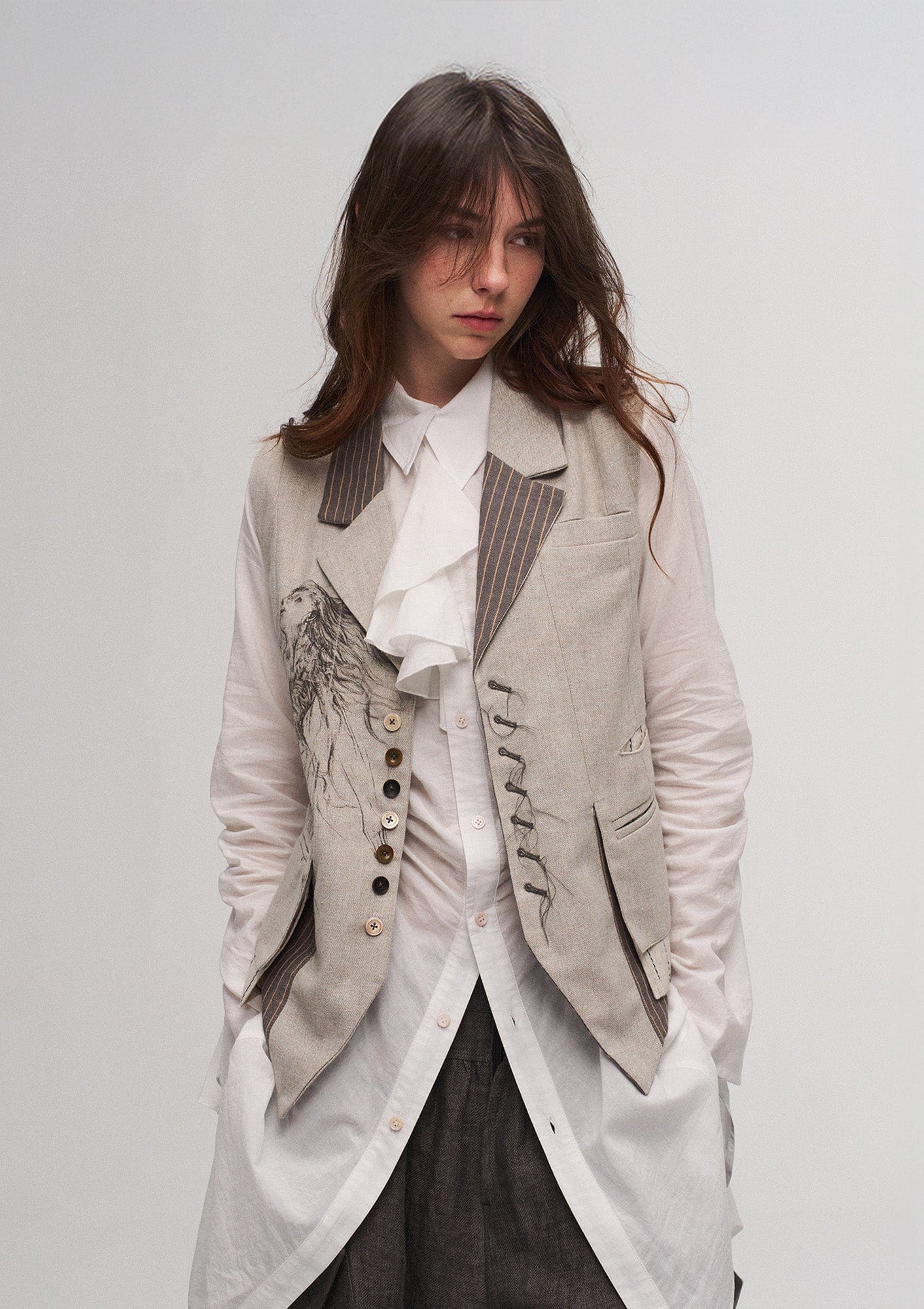 ILNya Nieternite Nifutur Siren Striped Panel Cotton-Linen Vest, premium urban and streetwear designers apparel on PROJECTISR.com, ILNya Nieternite Nifutur
