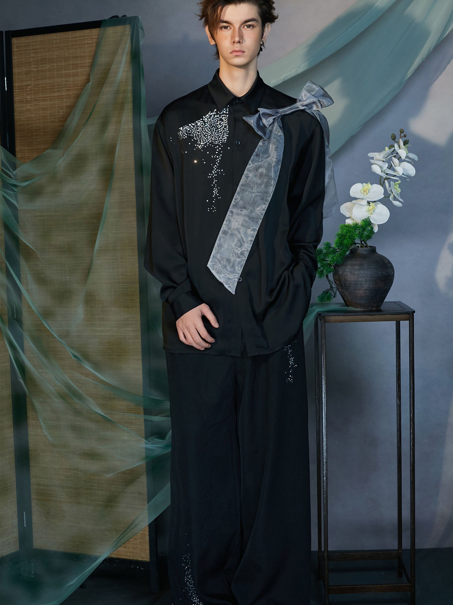 JIECHI Organza-Bow & Diamond Shirt, premium urban and streetwear designers apparel on PROJECTISR.com, JIECHI