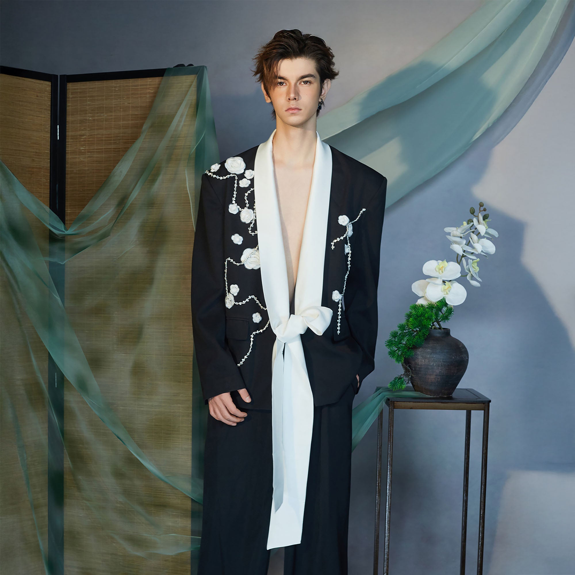 JIECHI Floral Embroidered Sash Tie Blazer
