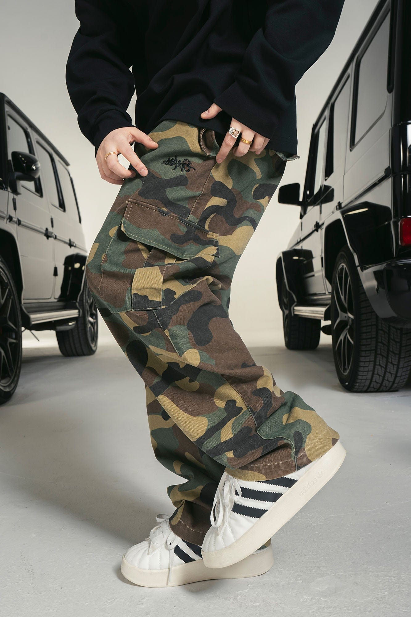 MAKEMORE Camo Drawstring Cargo Sweatpants, premium urban and streetwear designers apparel on PROJECTISR.com, MAKEMORE