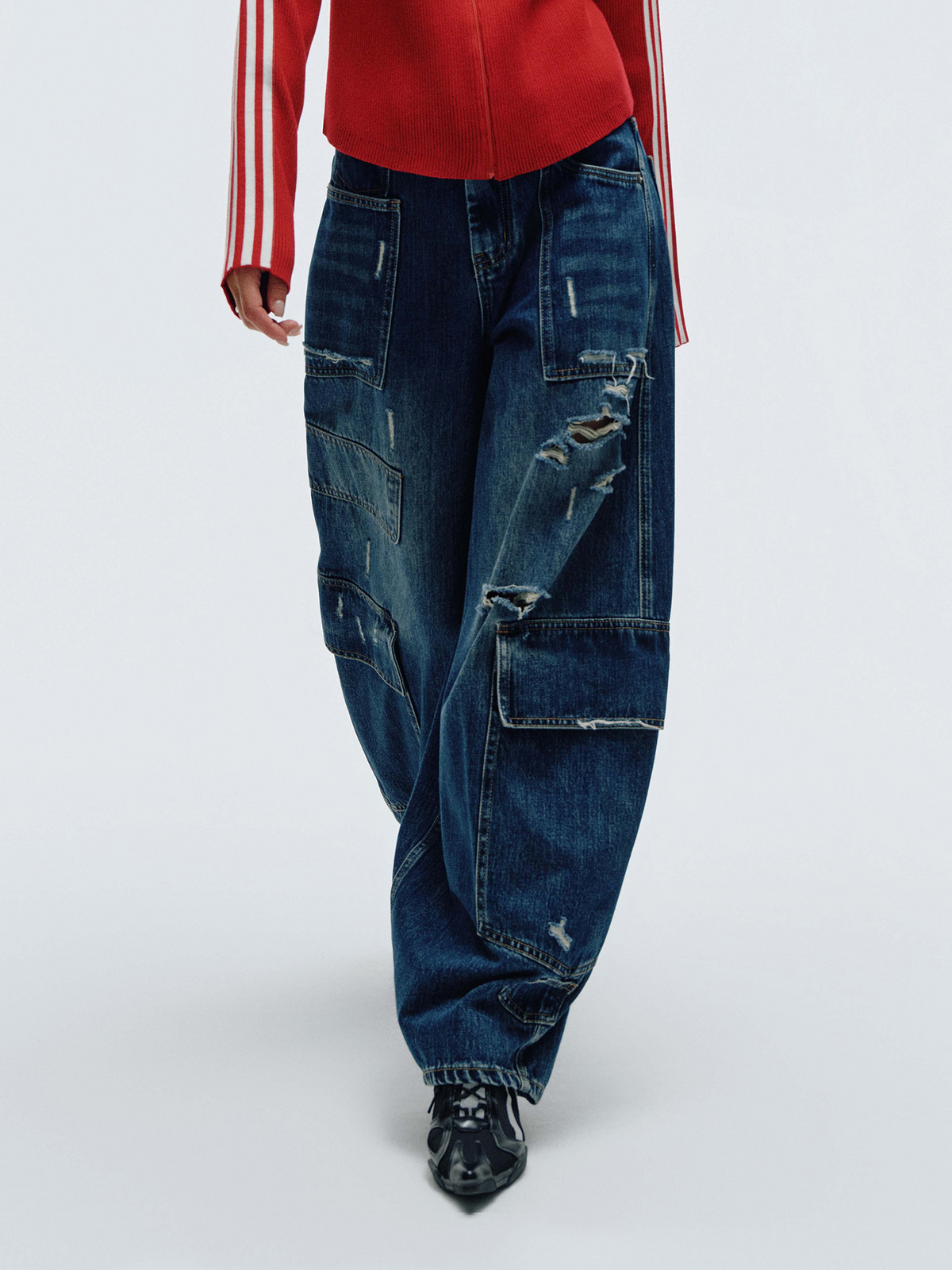 HAHAHA Washed Distressed Multi-Pocket Wide-Leg Jeans