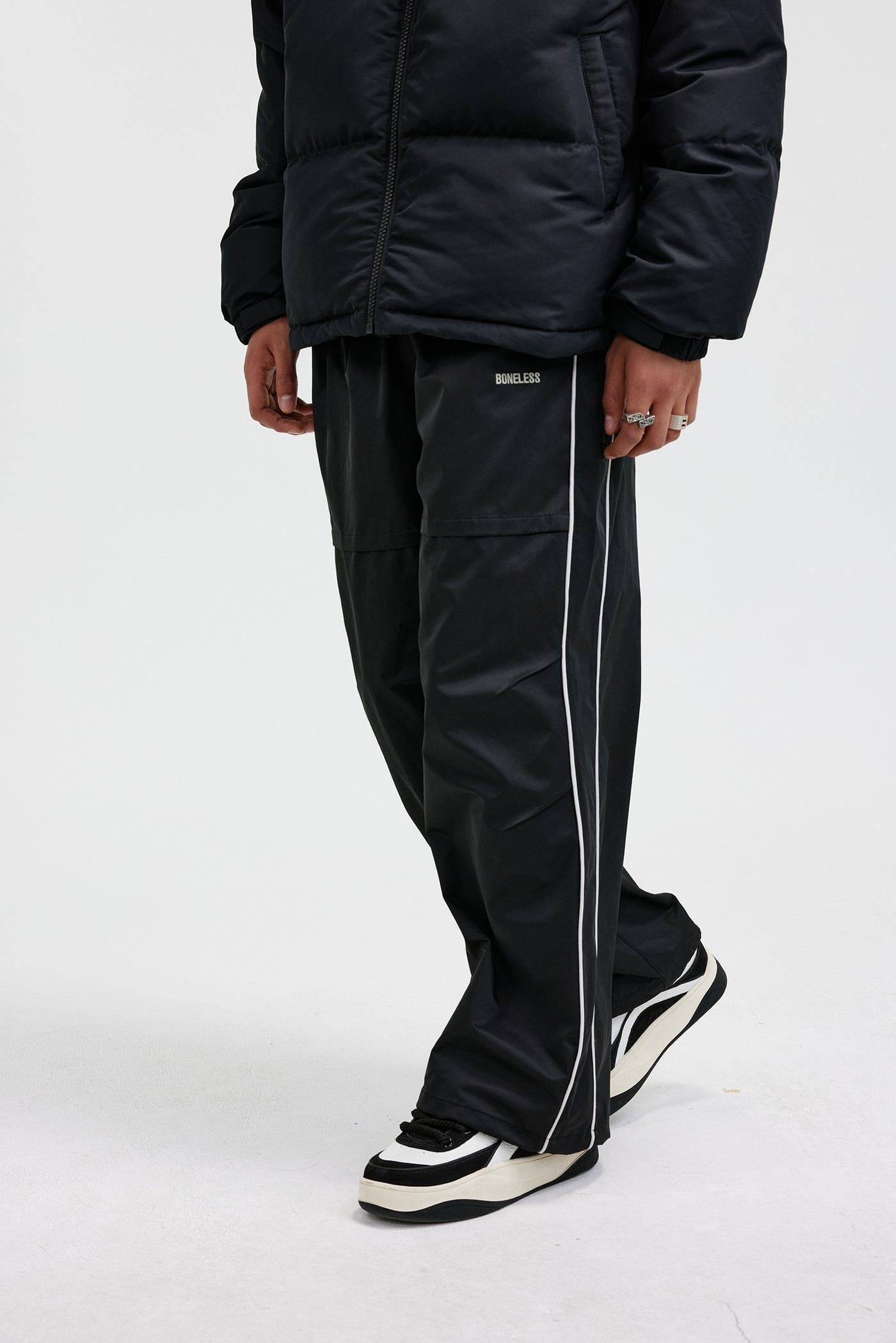 BONELESS Paneled Crinkled Parachute Pants Cho, premium urban and streetwear designers apparel on PROJECTISR.com, BONELESS