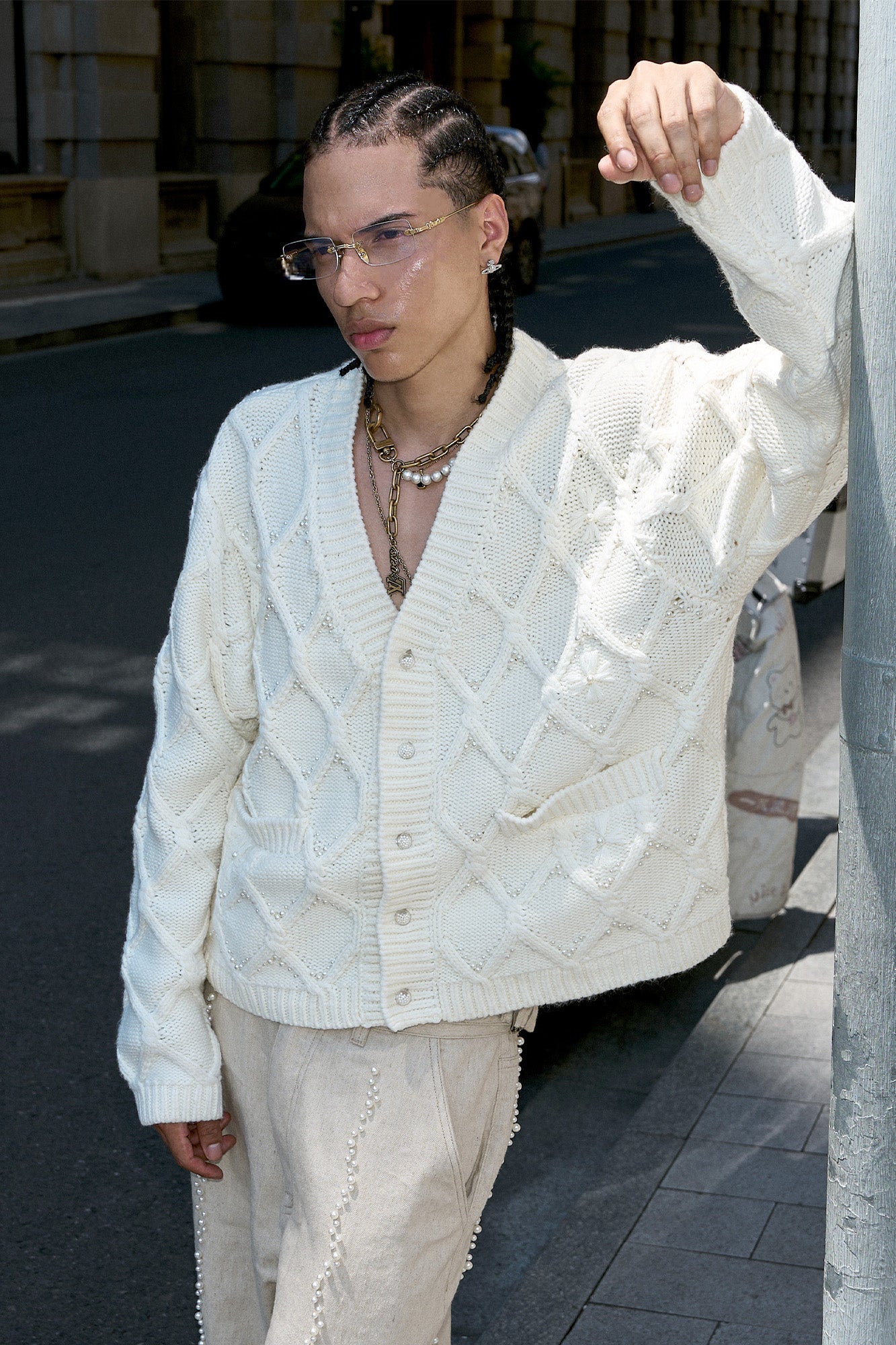 STEEPC Lattice Pearl-Stitched Wool-Blend Cardigan