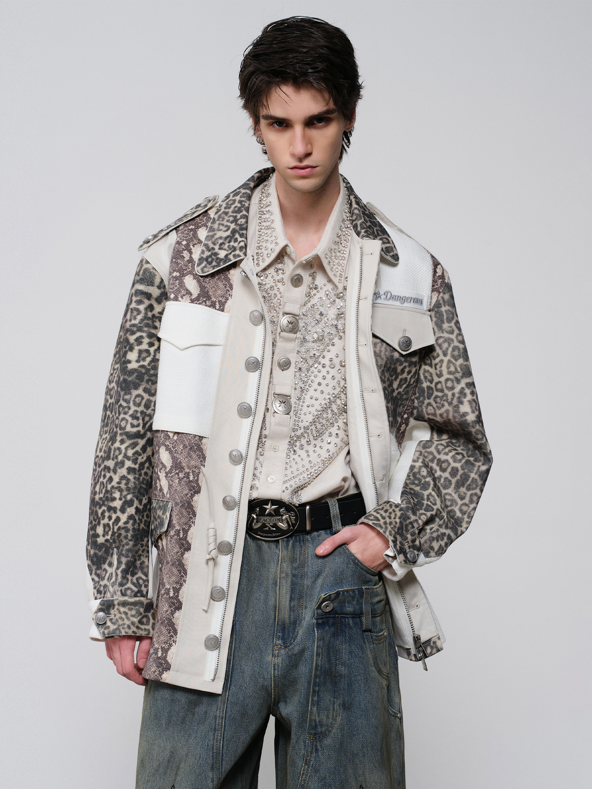 FACEONLAB Camo Spliced Leopard Lapel Jacket White