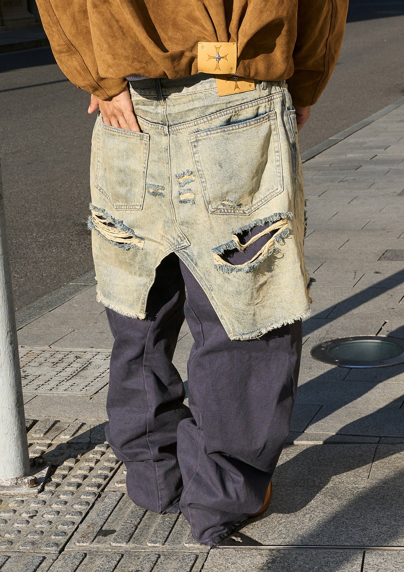 STEEPC Distressed Layered Denim Overlay Pants, premium urban and streetwear designers apparel on PROJECTISR.com, STEEPC