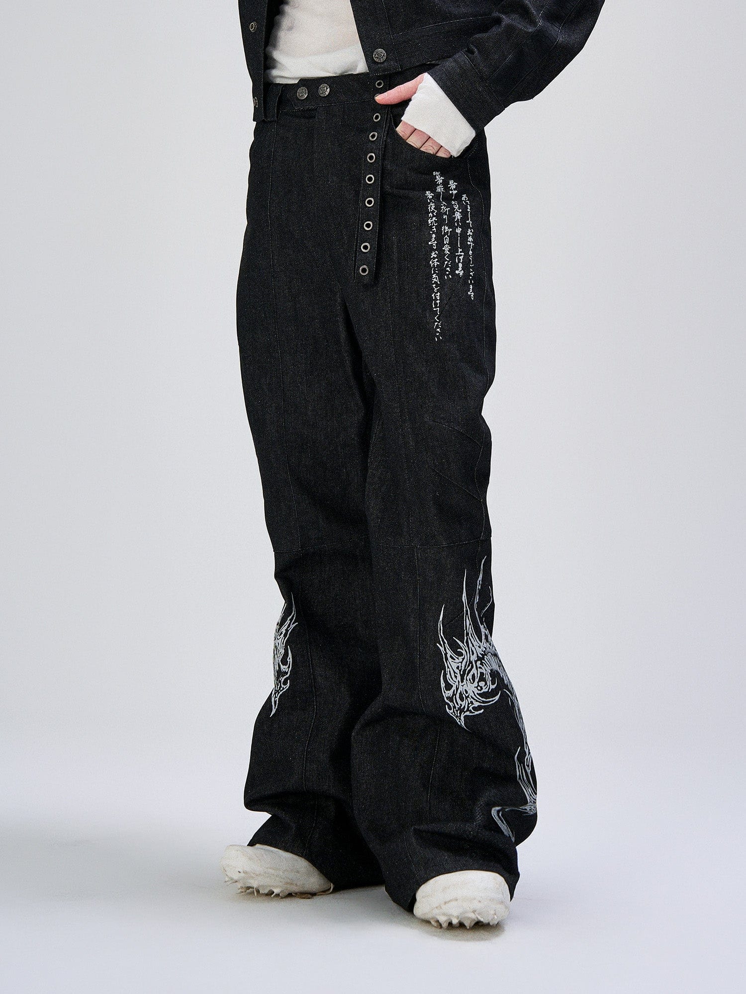 FLYERRER Abstract Graphic Flared Raw Jeans, premium urban and streetwear designers apparel on PROJECTISR.com, FLYERRER
