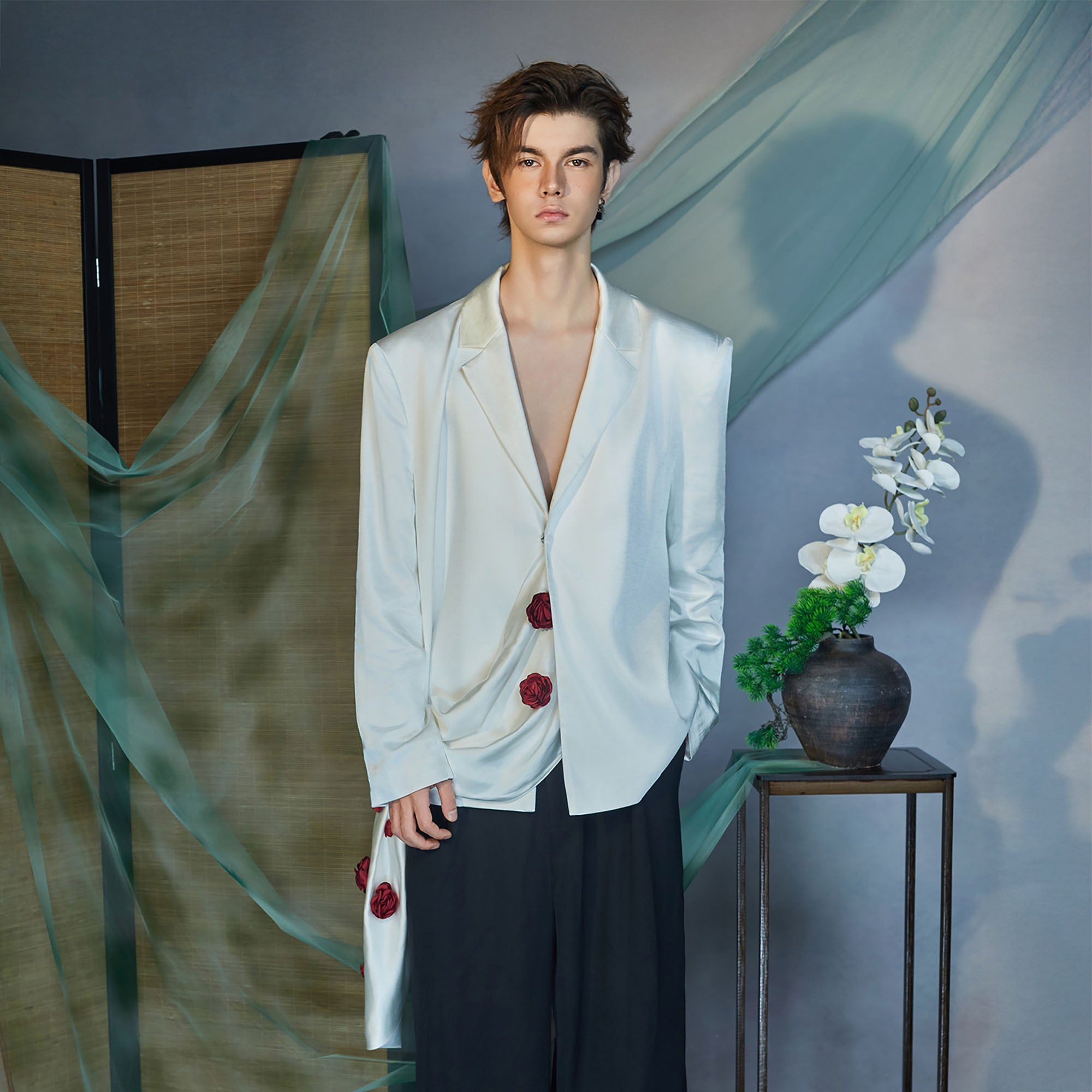 JIECHI Rose Embellished Draped Satin Blazer