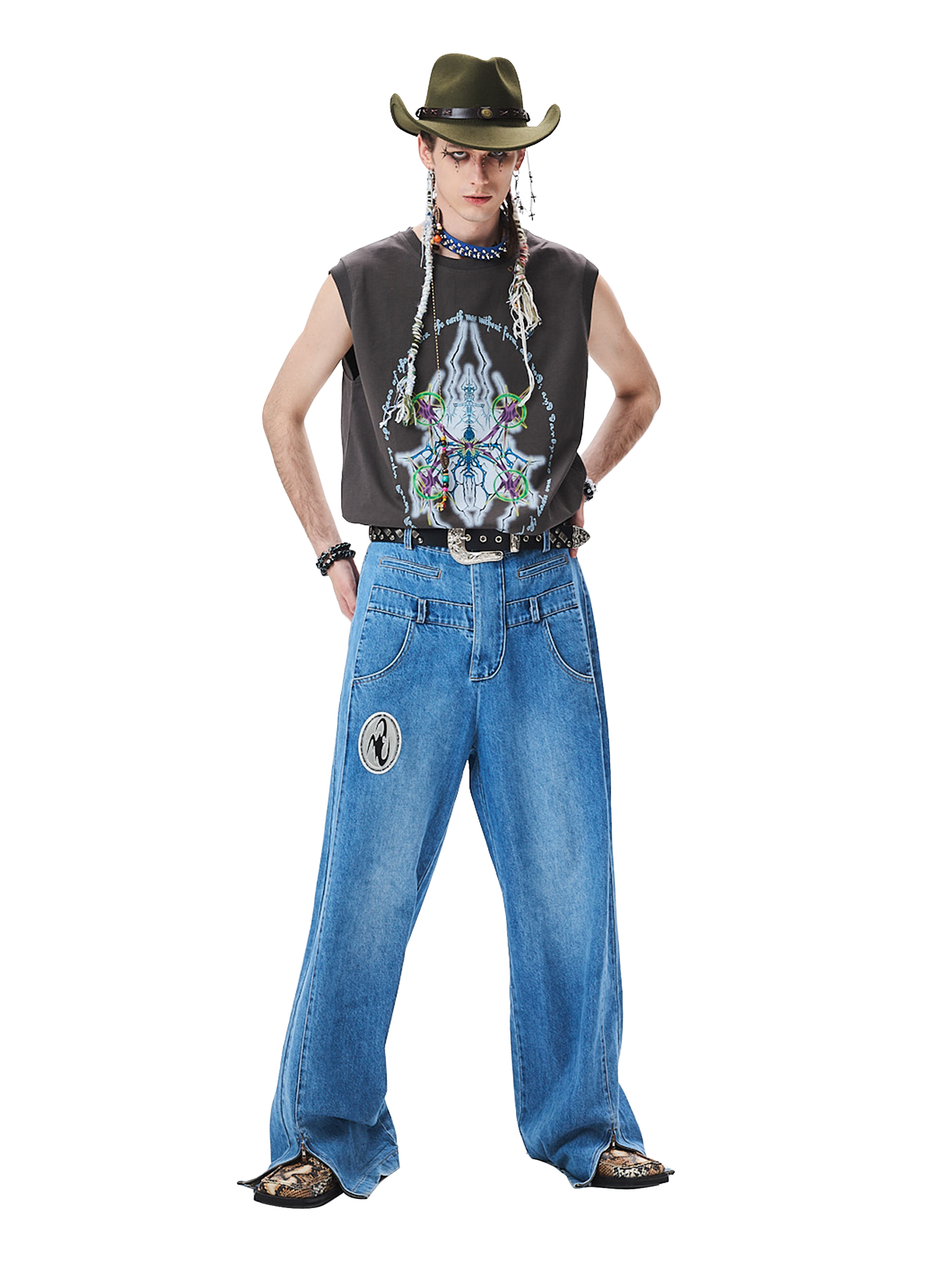 CYCYCY Deconstructed Double-Waist Washed Jeans