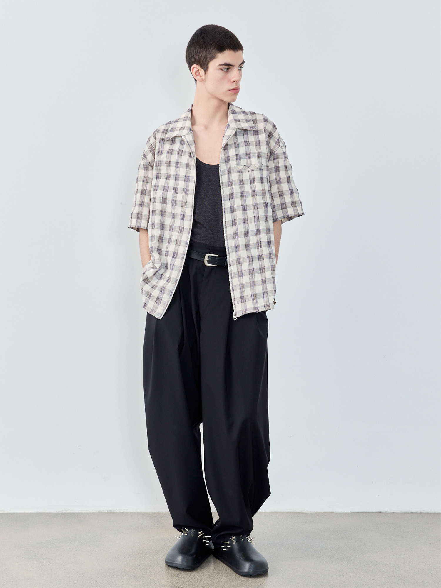 GRAINMUSTARD Retro Plaid Zip Half Shirt, premium urban and streetwear designers apparel on PROJECTISR.com, GRAINMUSTARD