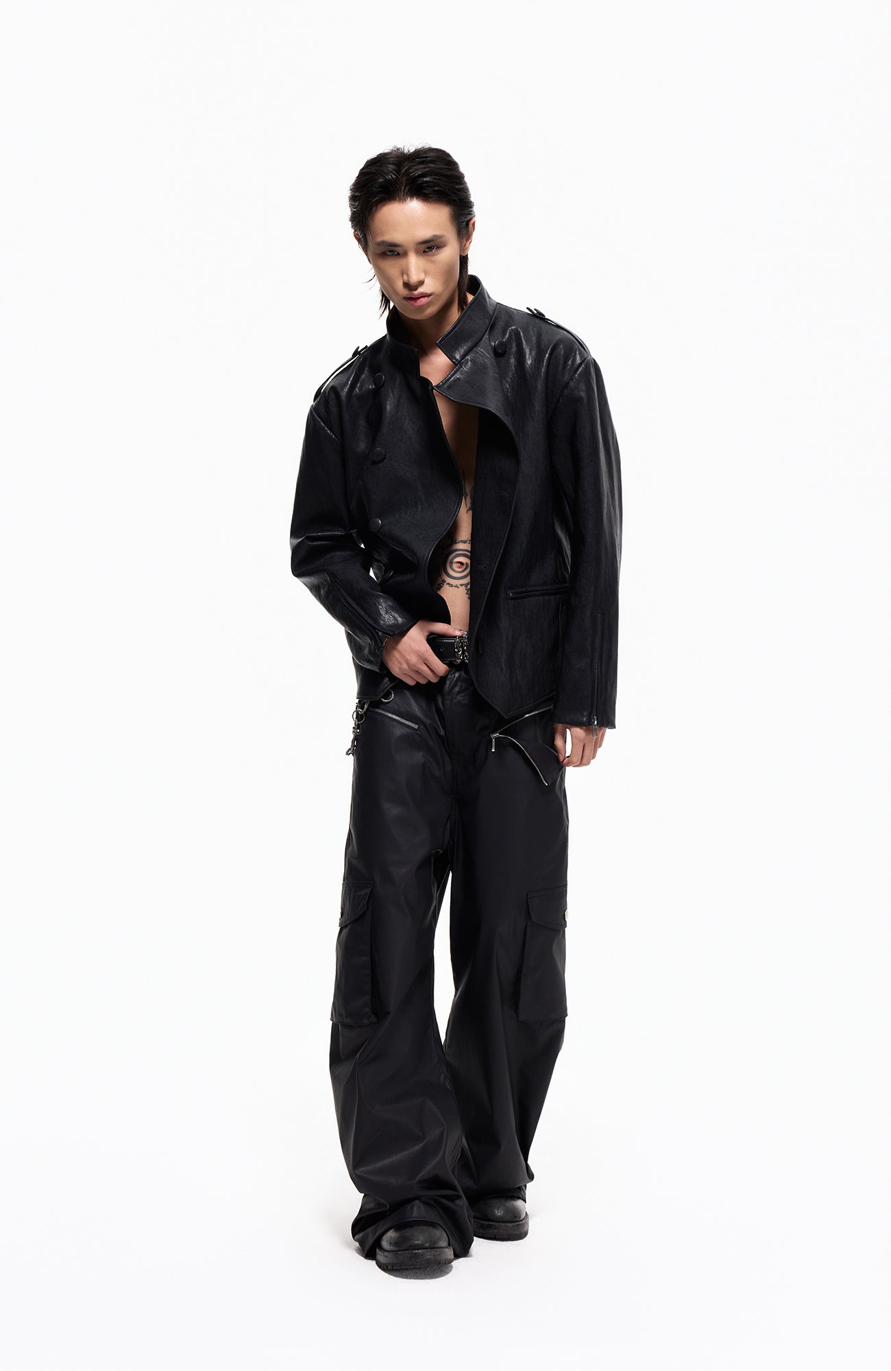 2000RSK Napoleon-Button Faux Leather Knight Jacket