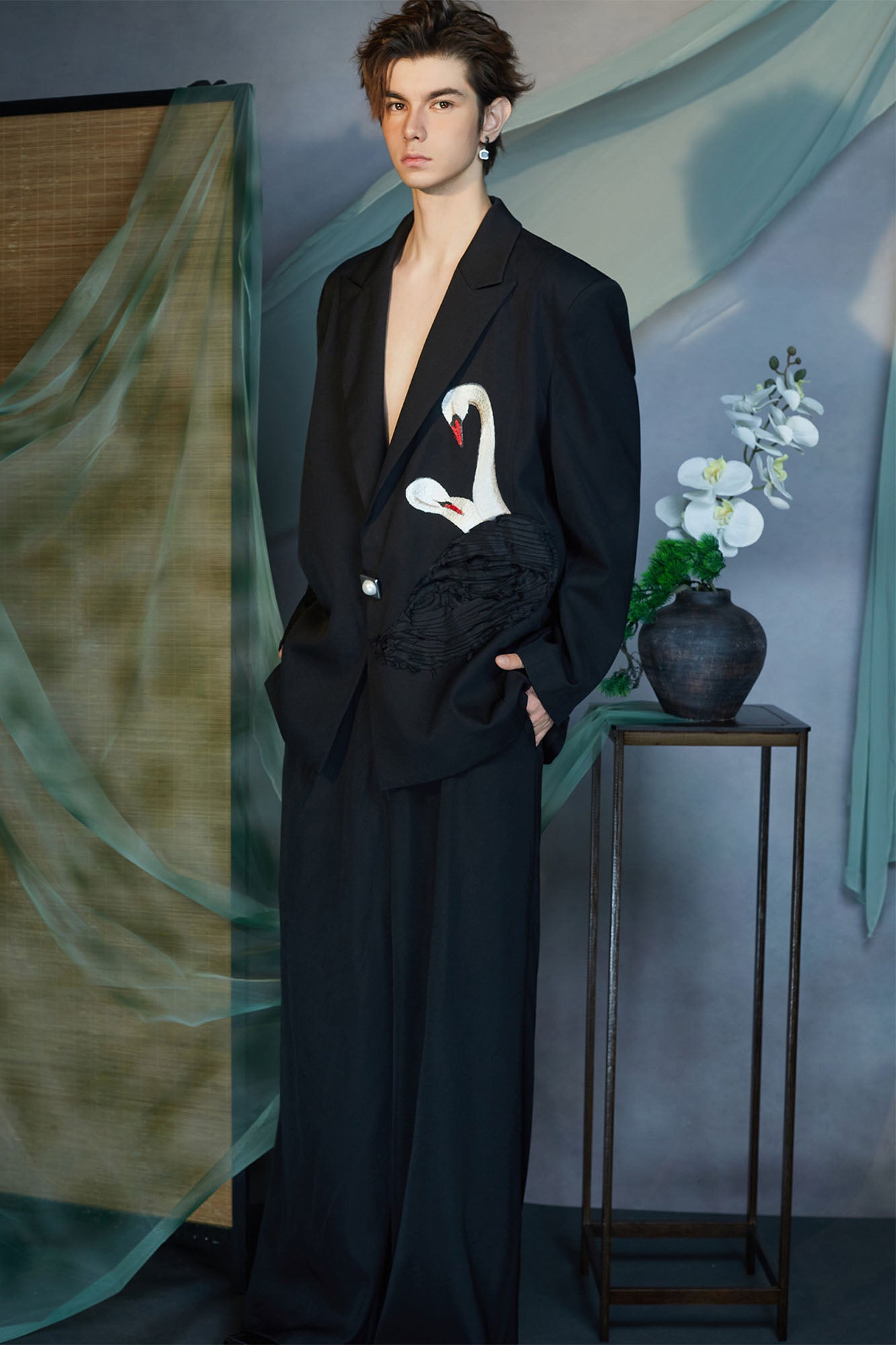 JIECHI Swan Embroidered Pearl Button Blazer
