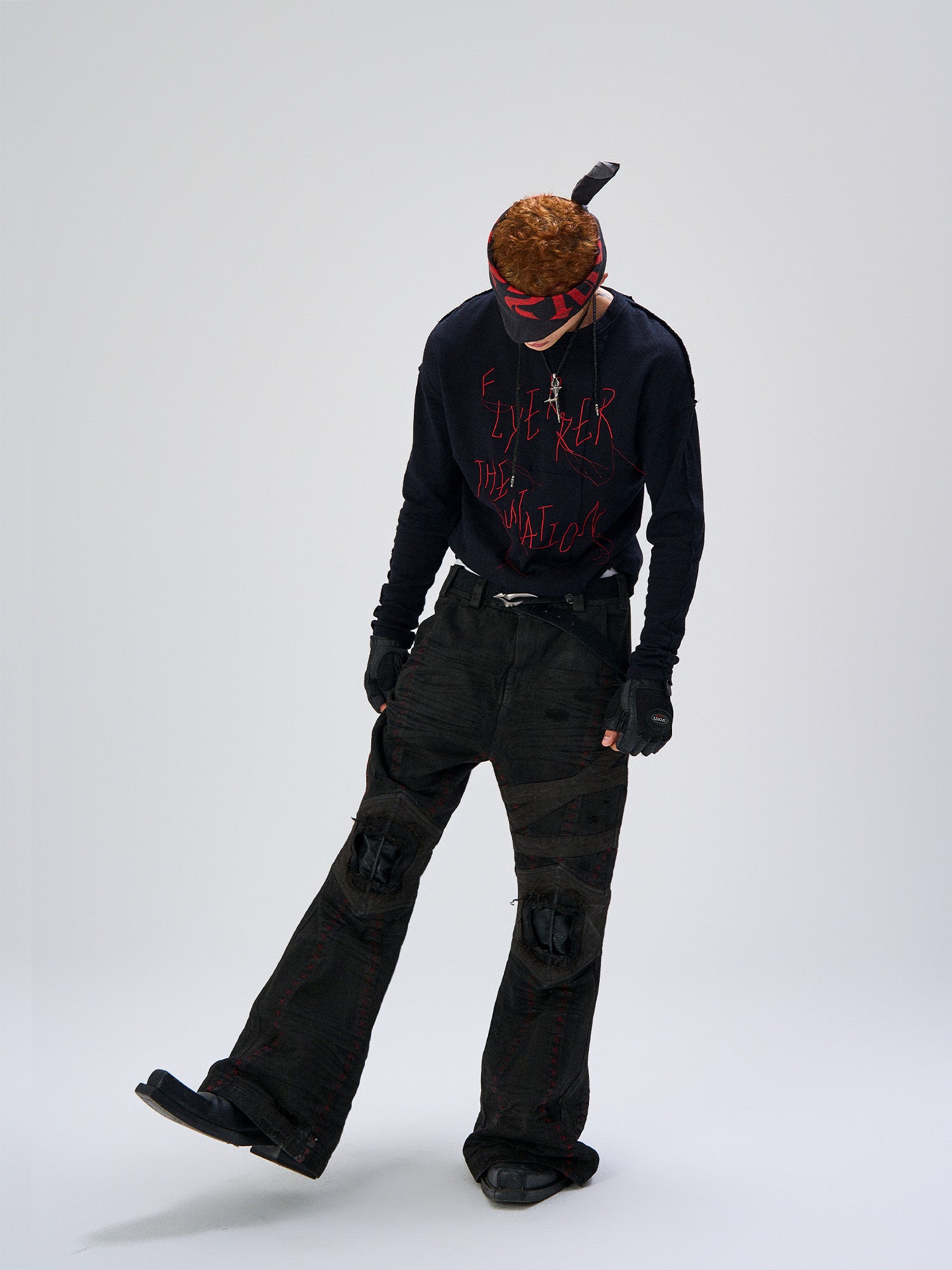 FLYERRER Cross-Panel Contrast Frayed Embroidered Long-Sleeve Tee, premium urban and streetwear designers apparel on PROJECTISR.com, FLYERRER