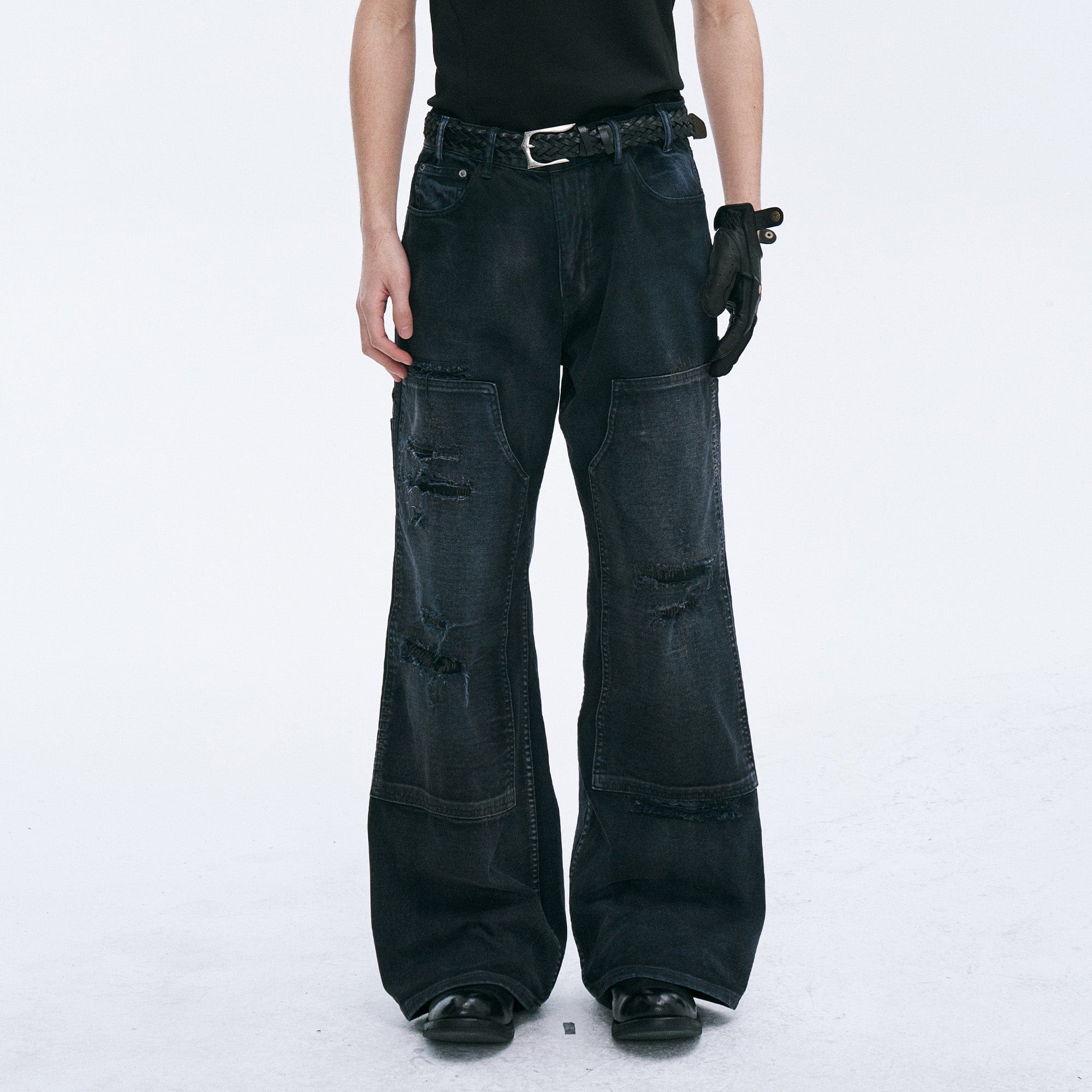 CATSSTAC Distressed Double-Knee Carpenter Straight-Leg Jeans Black, premium urban and streetwear designers apparel on PROJECTISR.com, CATSSTAC