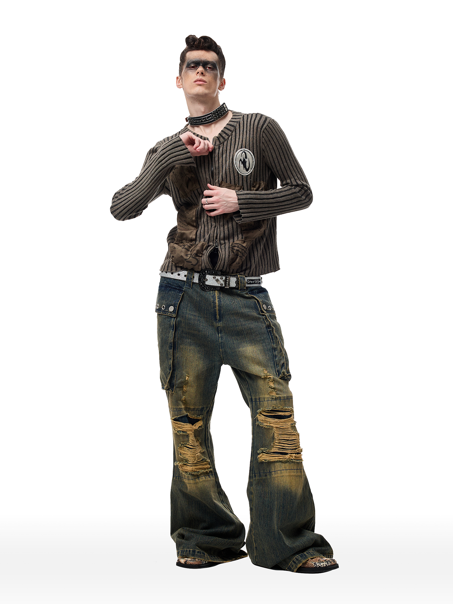 CYCYCY Distressed Big-Pocket Flared Jeans