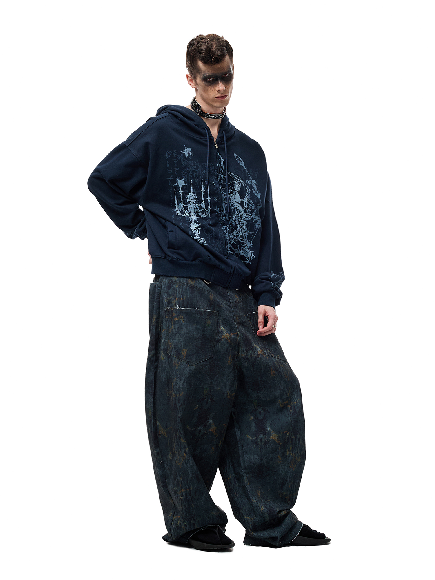 CYCYCY Washed Mottled Flame Graphic Denim Pants