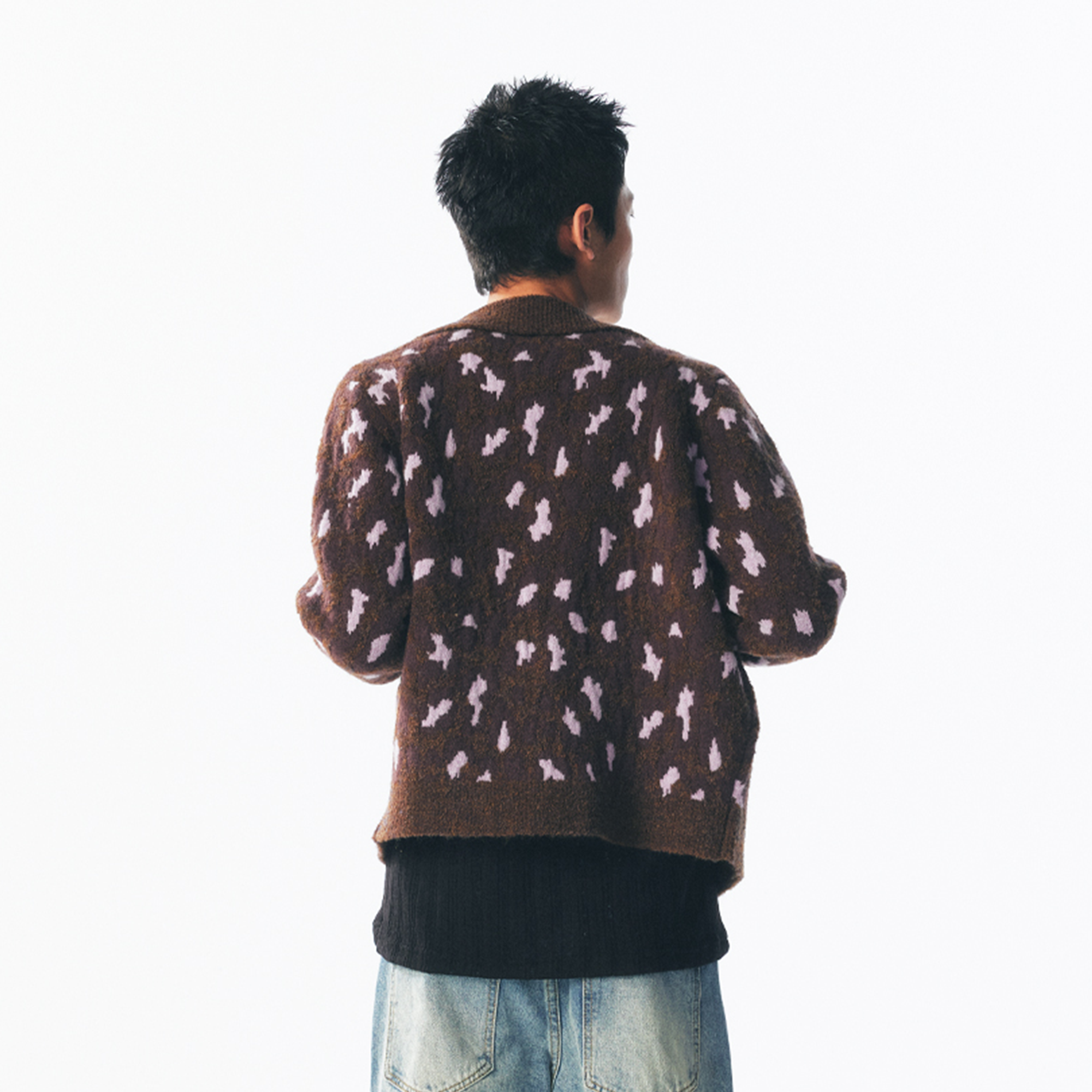 1997 POSTOFFICE Fuzzy Strawberry-Leopard Dual-Zip Knit Jacket