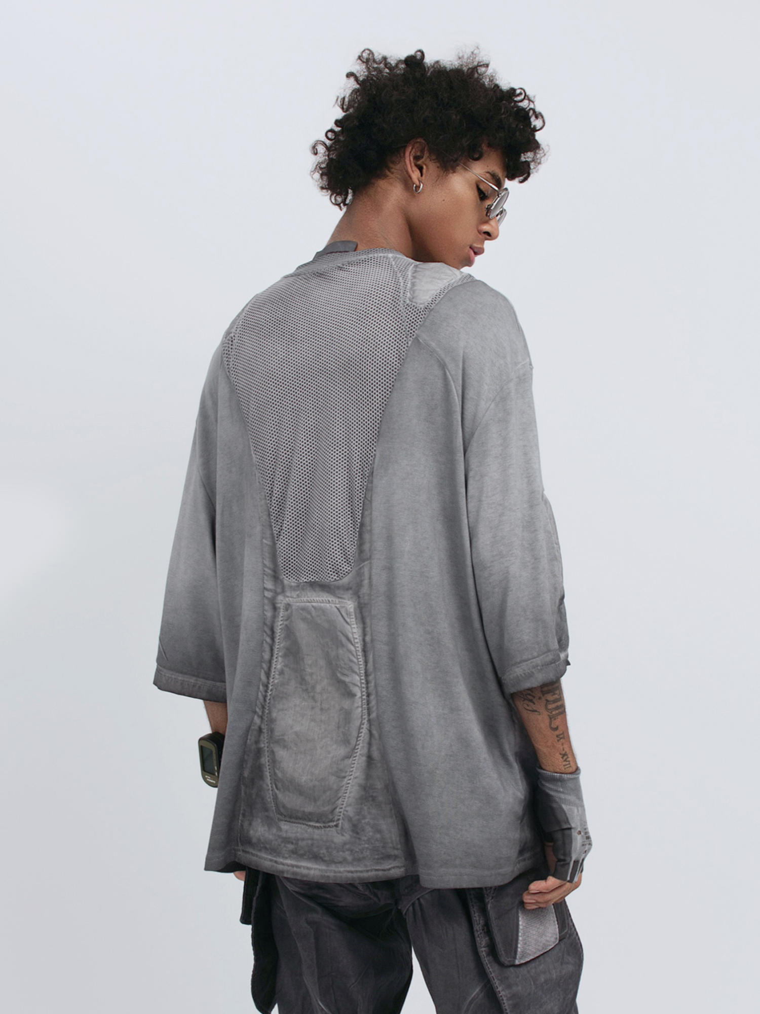 STEAM Distressed Mesh-Spliced Oversized Tactical T-Shirt