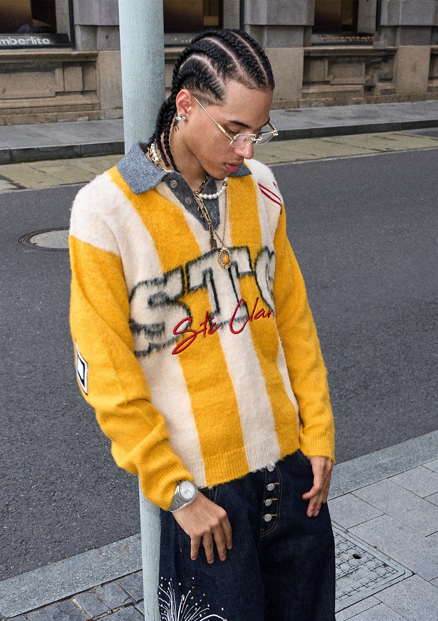 STEEPC Striped Embroidered Fuzzy Polo Sweater, premium urban and streetwear designers apparel on PROJECTISR.com, STEEPC
