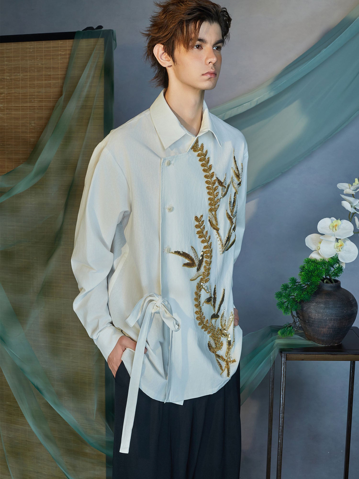 JIECHI Sequin Leaf Embroidered Asymmetrical Wrap Shirt