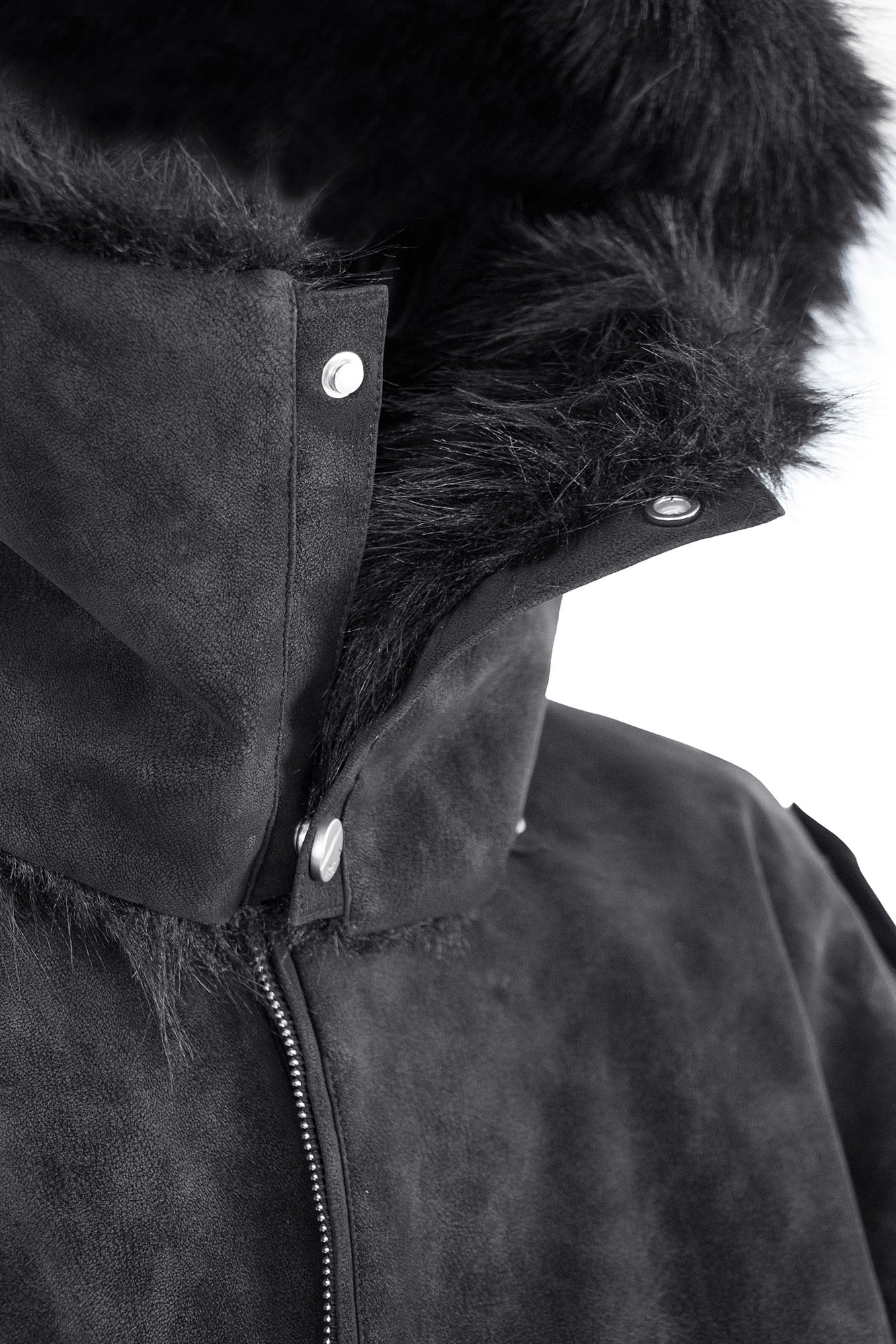 RELABEL Detachable Plush Scarf Hooded Suede Jacket Black, premium urban and streetwear designers apparel on PROJECTISR.com, RELABEL