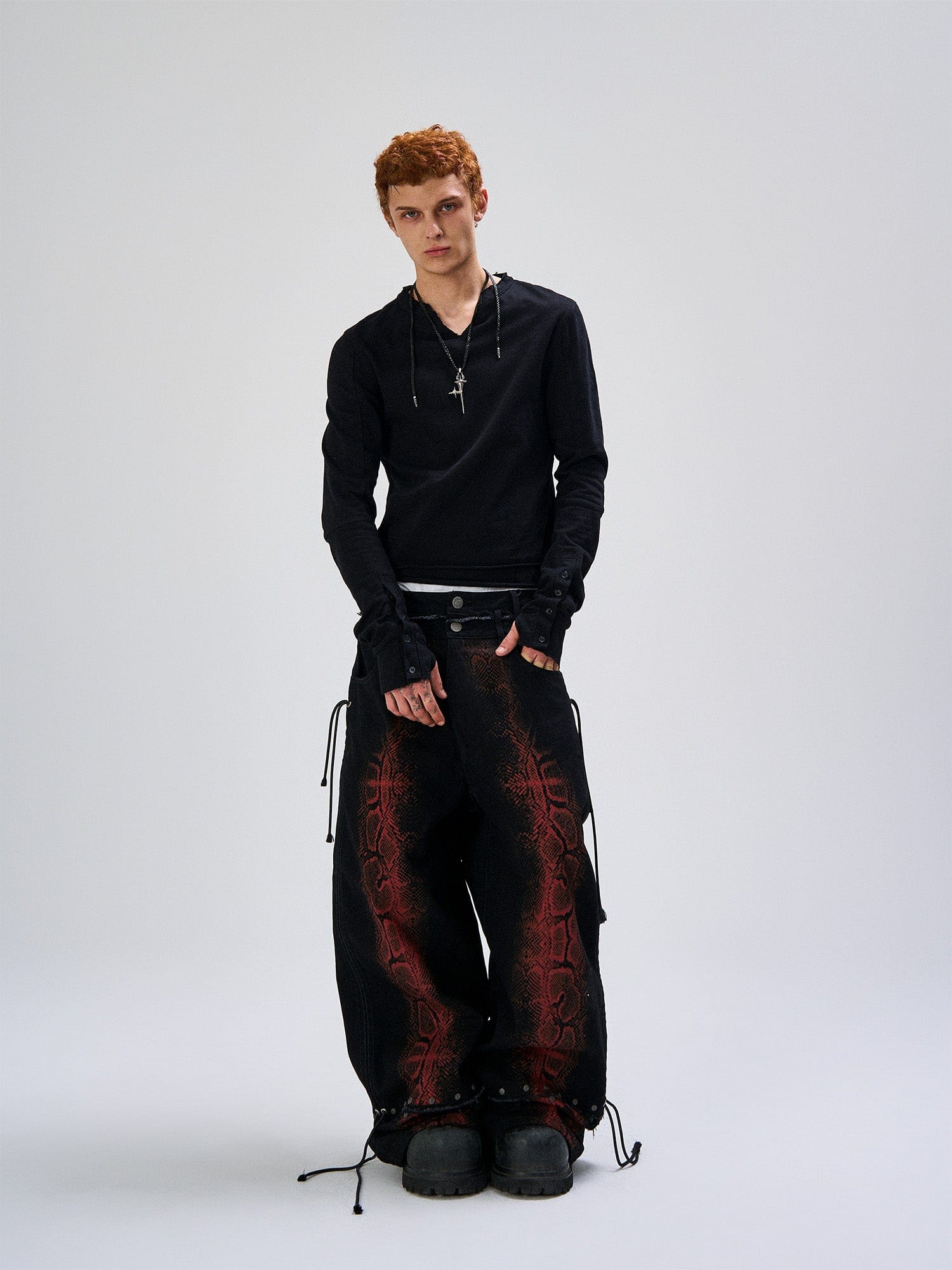 FLYERRER Washed Contrast Snakeskin Drawcord Wide-Leg Jeans, premium urban and streetwear designers apparel on PROJECTISR.com, FLYERRER