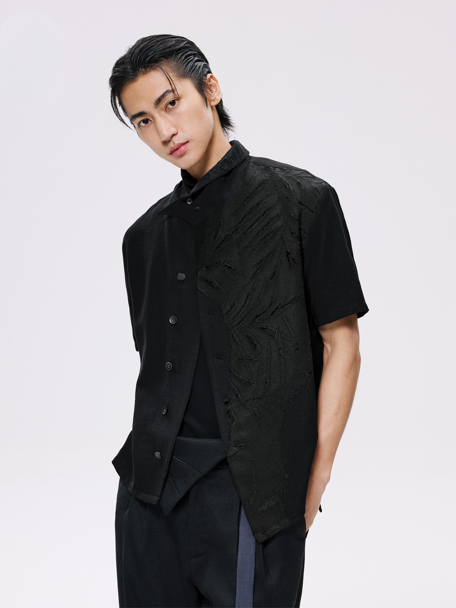 ALVNG AR ANTS Burnout Linen-Blend Asymmetrical Spliced Half Shirt