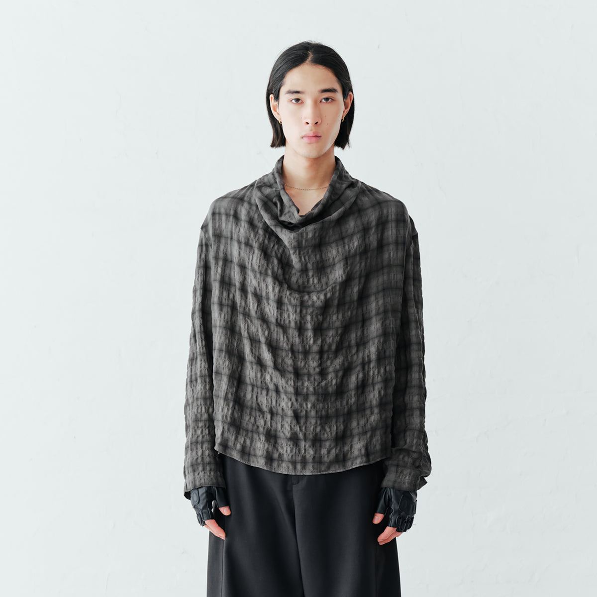 GRAINMUSTARD Plaid Crinkled Cowl Neck Shirt