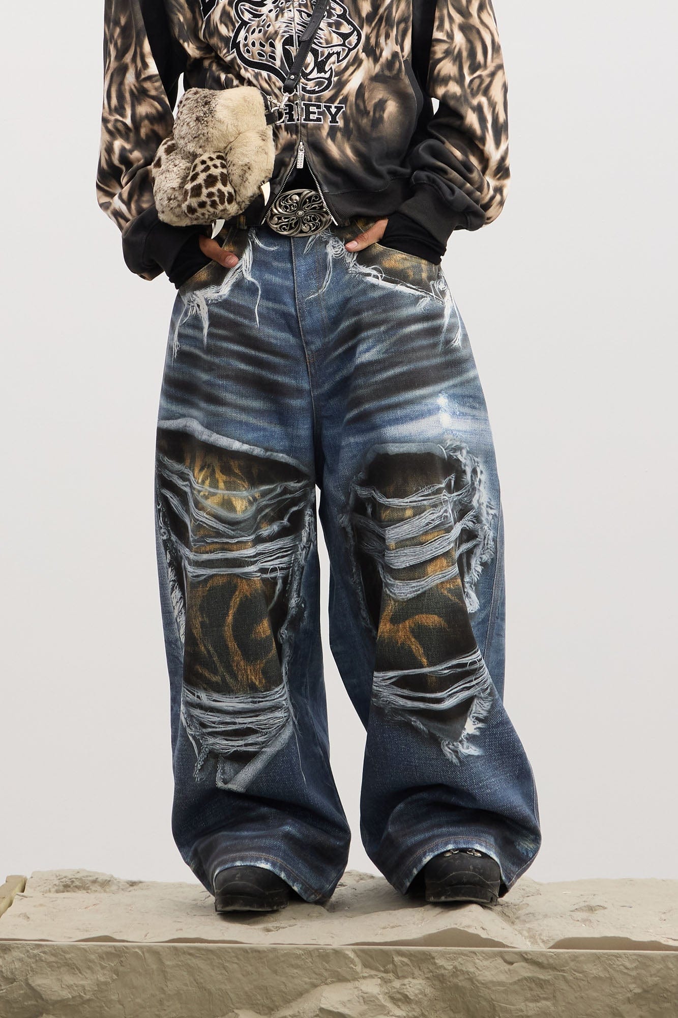 DND4DES Full-Printed Leopard Distressed Baggy Jeans, premium urban and streetwear designers apparel on PROJECTISR.com, DND4DES