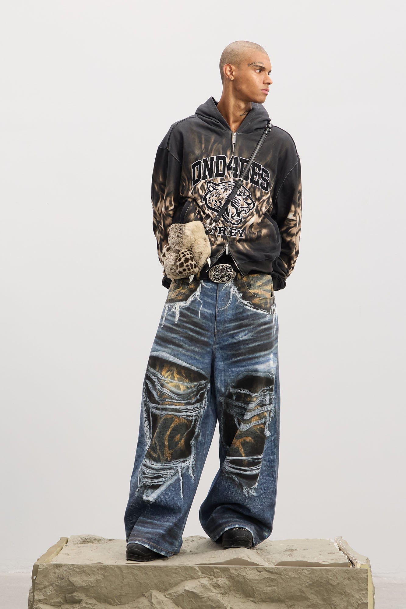 DND4DES Full-Printed Leopard Distressed Baggy Jeans, premium urban and streetwear designers apparel on PROJECTISR.com, DND4DES