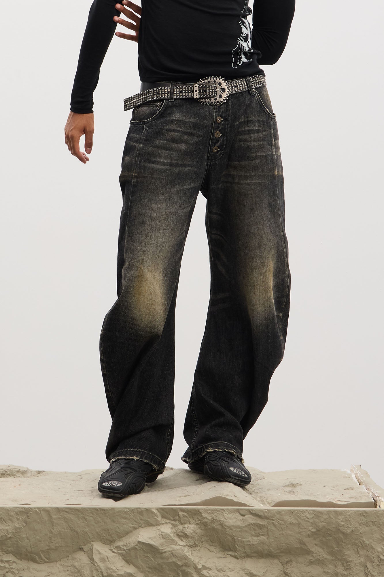 DND4DES Washed Button-Up Balloon-Leg Jeans, premium urban and streetwear designers apparel on PROJECTISR.com, DND4DES