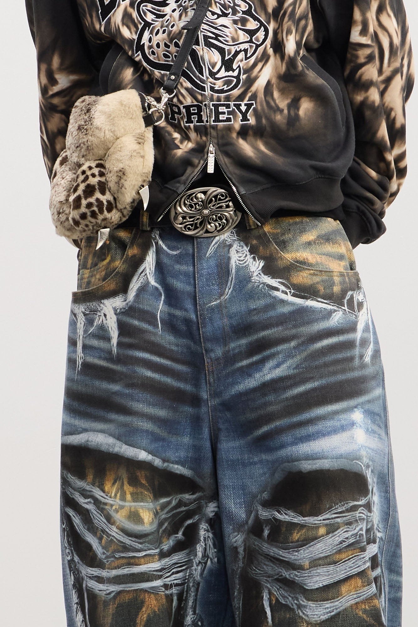 DND4DES Full-Printed Leopard Distressed Baggy Jeans, premium urban and streetwear designers apparel on PROJECTISR.com, DND4DES