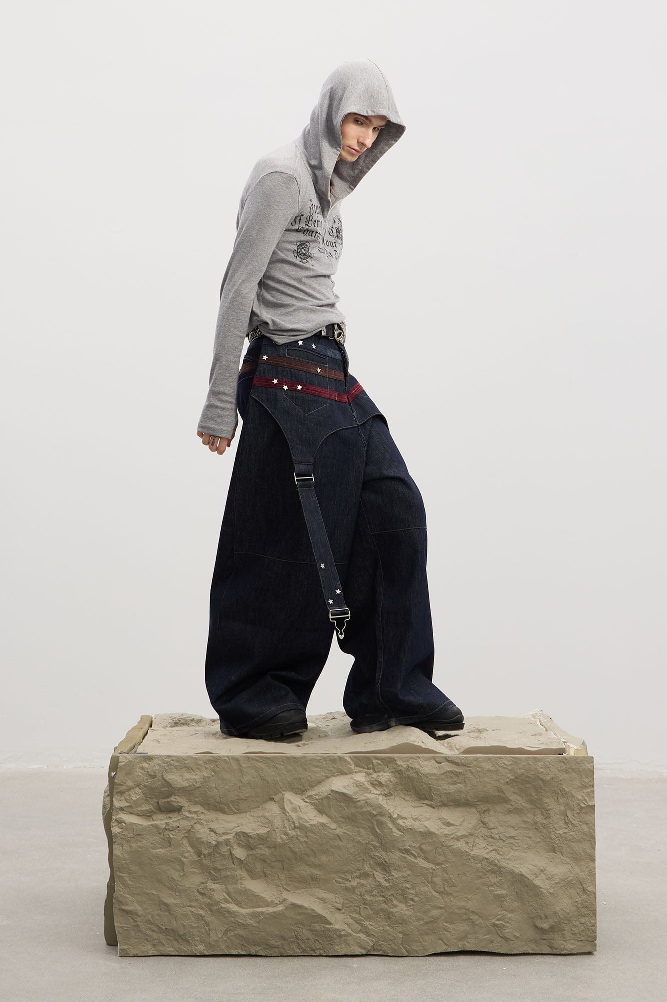 DND4DES Star-Rivet Harness-Layered Curved Jeans, premium urban and streetwear designers apparel on PROJECTISR.com, DND4DES