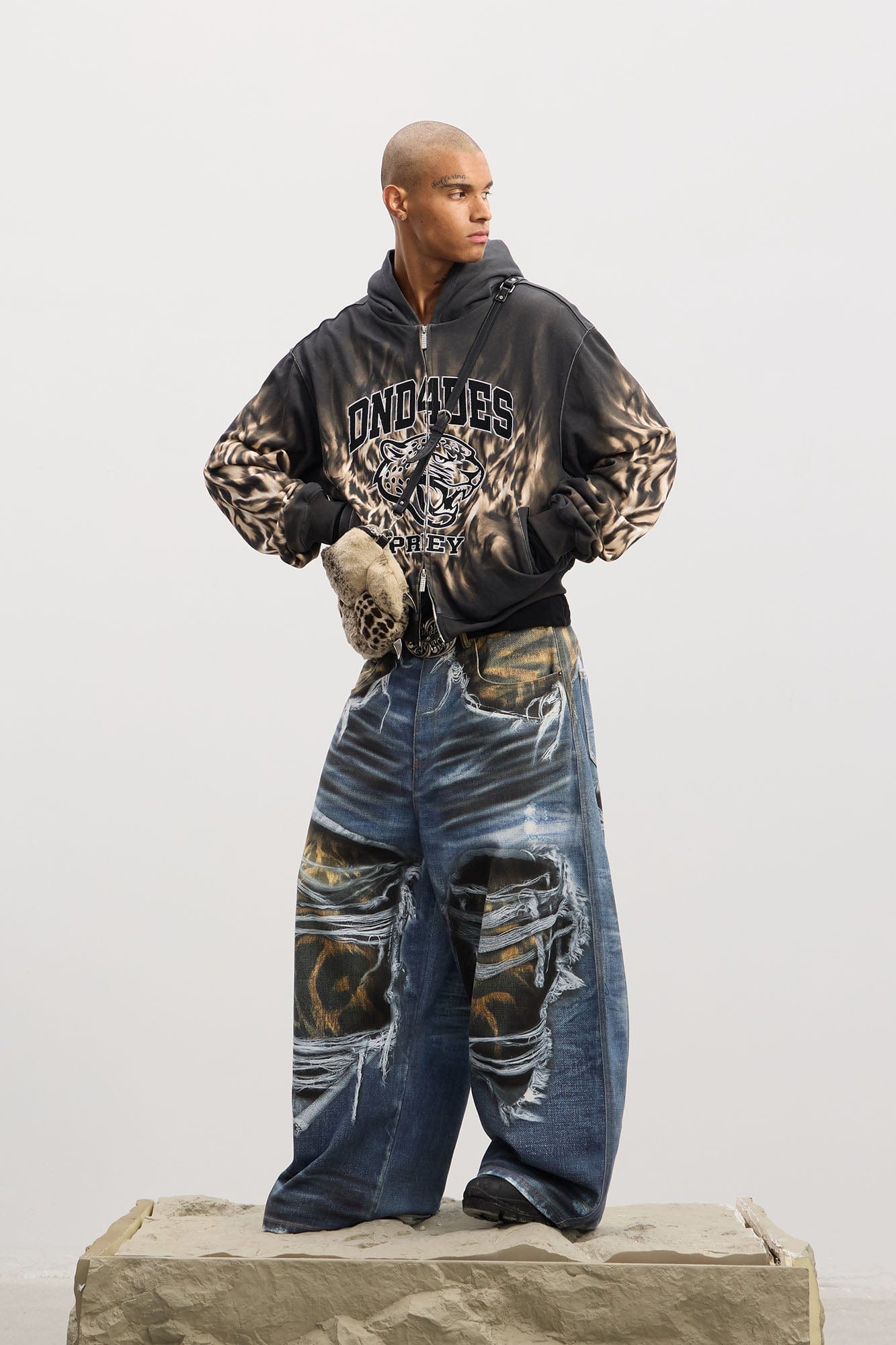 DND4DES Full-Printed Leopard Distressed Baggy Jeans, premium urban and streetwear designers apparel on PROJECTISR.com, DND4DES