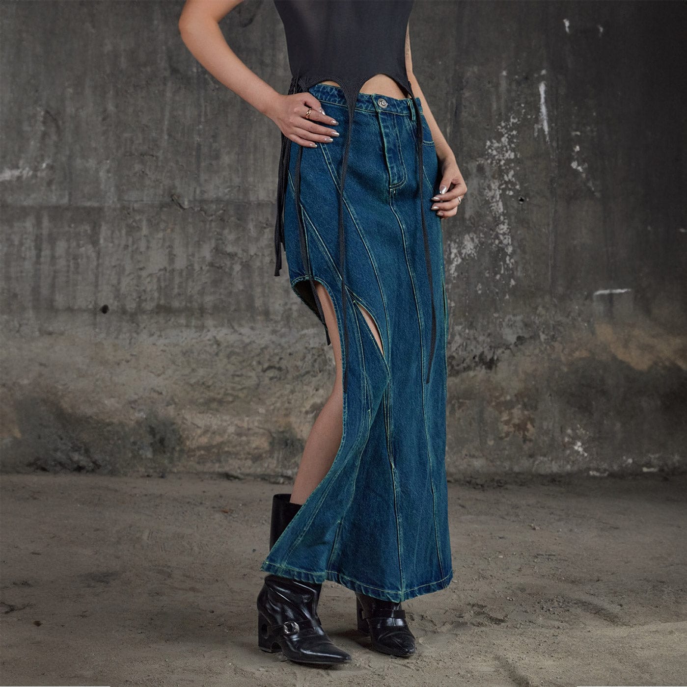 DND4DES Deconstructed Cutout Denim Skirt, premium urban and streetwear designers apparel on PROJECTISR.com, DND4DES