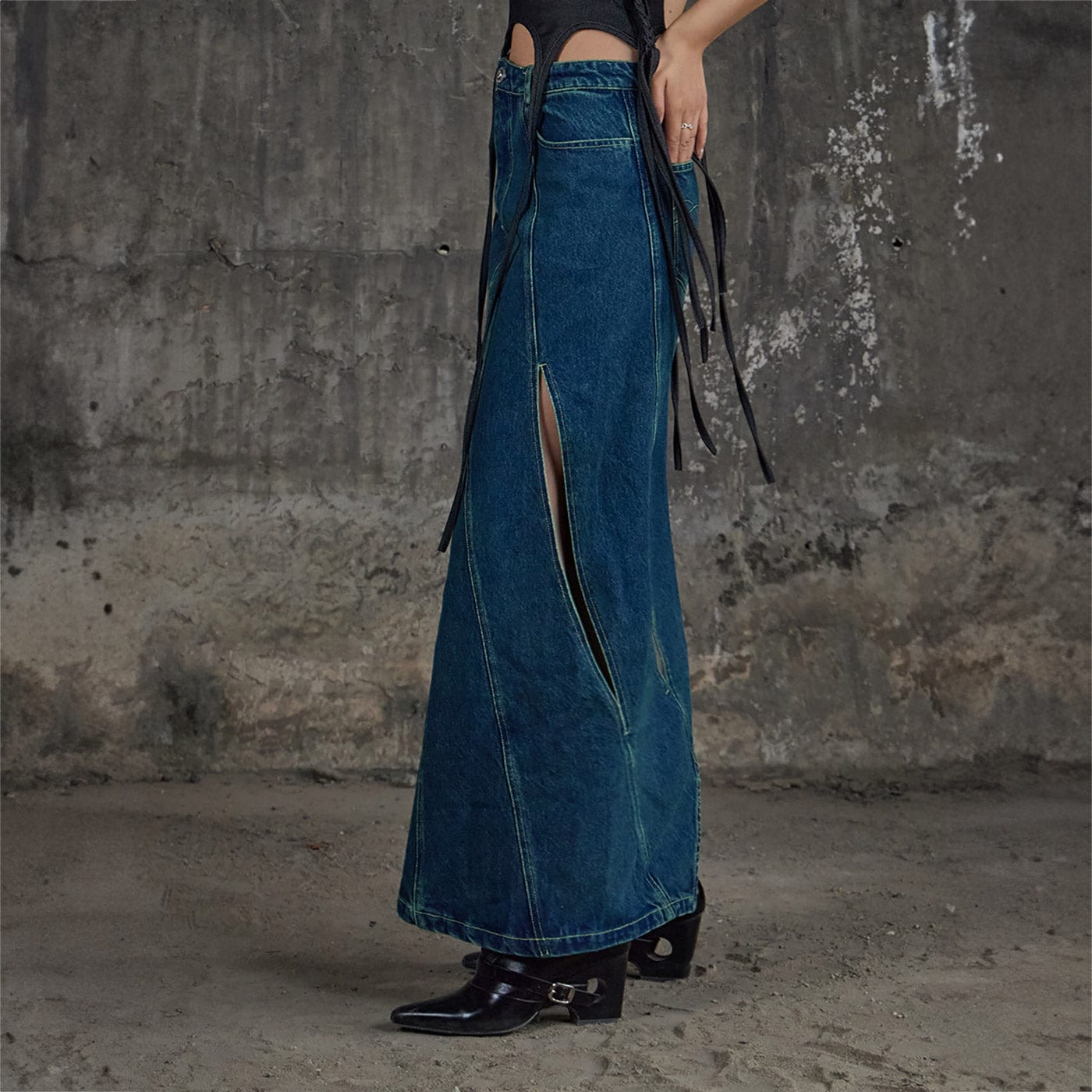 DND4DES Deconstructed Cutout Denim Skirt, premium urban and streetwear designers apparel on PROJECTISR.com, DND4DES