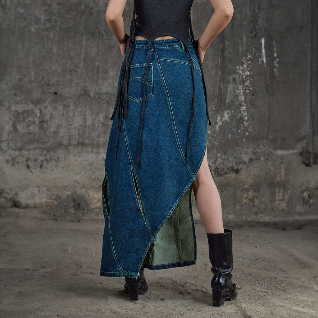 DND4DES Deconstructed Cutout Denim Skirt, premium urban and streetwear designers apparel on PROJECTISR.com, DND4DES