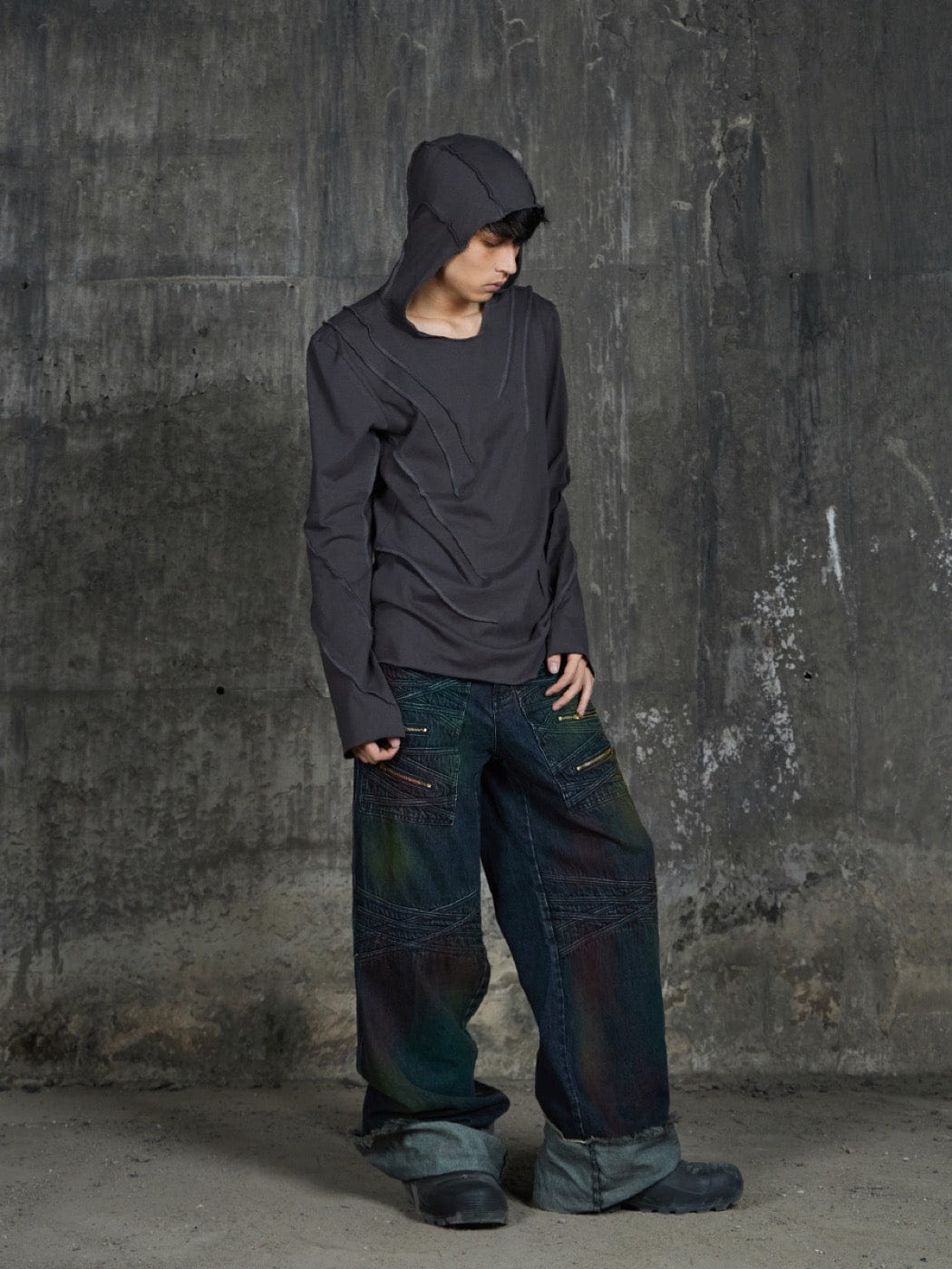 DND4DES Patchwork Raw-Edge Zipper Jeans Gradient, premium urban and streetwear designers apparel on PROJECTISR.com, DND4DES