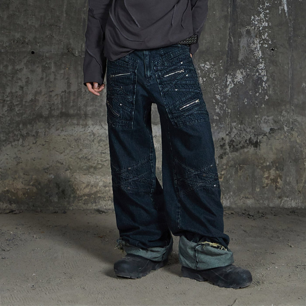 DND4DES Patchwork Raw-Edge Zipper Jeans Dark Blue, premium urban and streetwear designers apparel on PROJECTISR.com, DND4DES