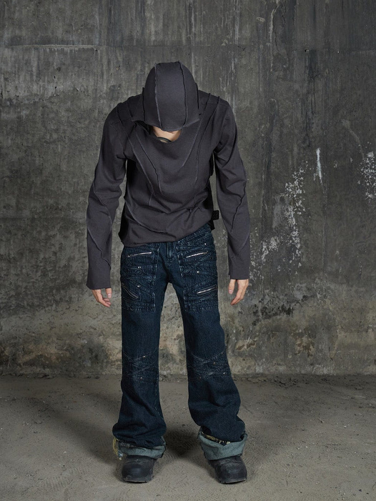 DND4DES Patchwork Raw-Edge Zipper Jeans Dark Blue, premium urban and streetwear designers apparel on PROJECTISR.com, DND4DES