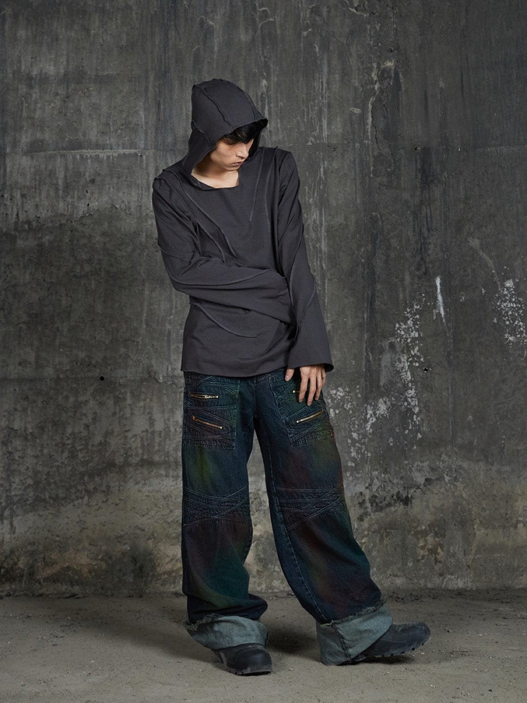 DND4DES Patchwork Raw-Edge Zipper Jeans Gradient, premium urban and streetwear designers apparel on PROJECTISR.com, DND4DES