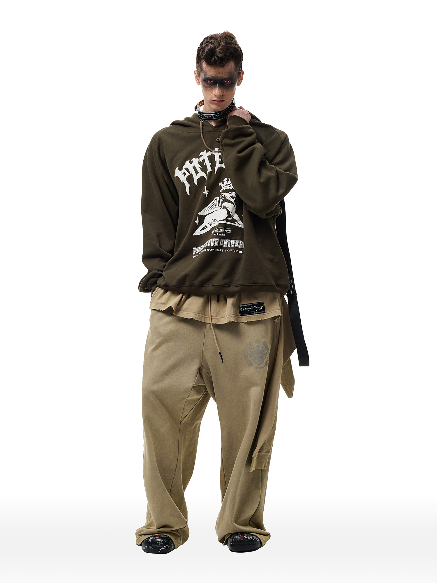 CYCYCY Layered Raw Edge Wide-Leg Sweatpants Khaki