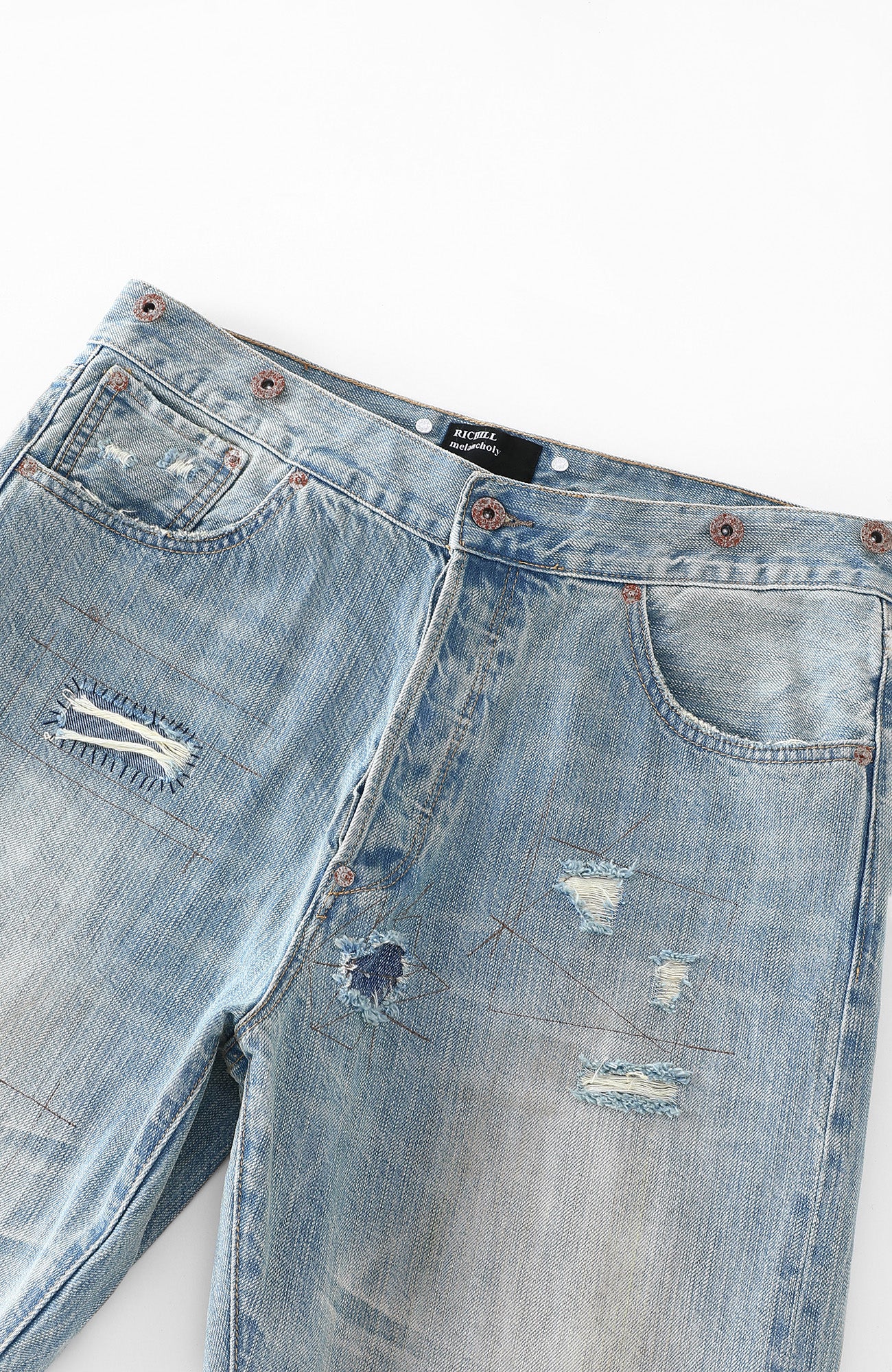 RICHILL Distressed Paneled Washed Straight-Leg Jeans, premium urban and streetwear designers apparel on PROJECTISR.com, RICHILL