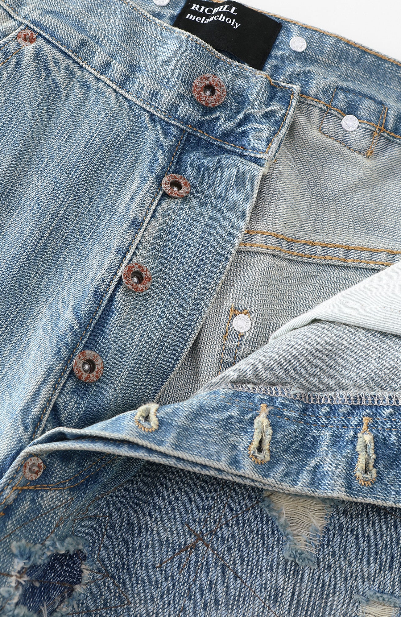 RICHILL Distressed Paneled Washed Straight-Leg Jeans, premium urban and streetwear designers apparel on PROJECTISR.com, RICHILL