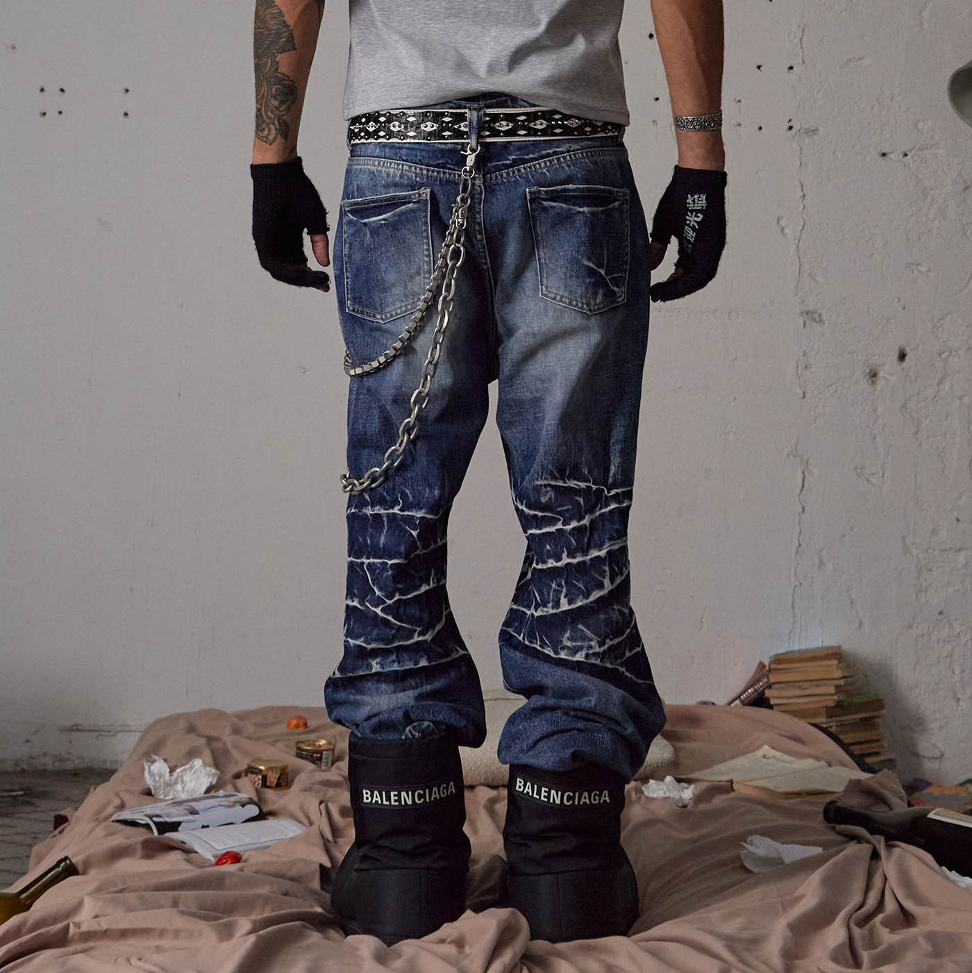 DND4DES Lightning-Creased Flared Jeans Blue, premium urban and streetwear designers apparel on PROJECTISR.com, DND4DES