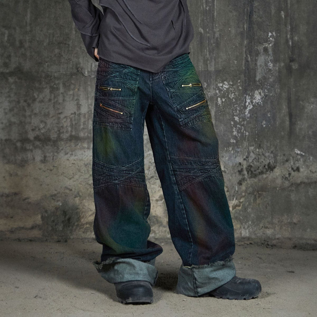 DND4DES Patchwork Raw-Edge Zipper Jeans Gradient, premium urban and streetwear designers apparel on PROJECTISR.com, DND4DES
