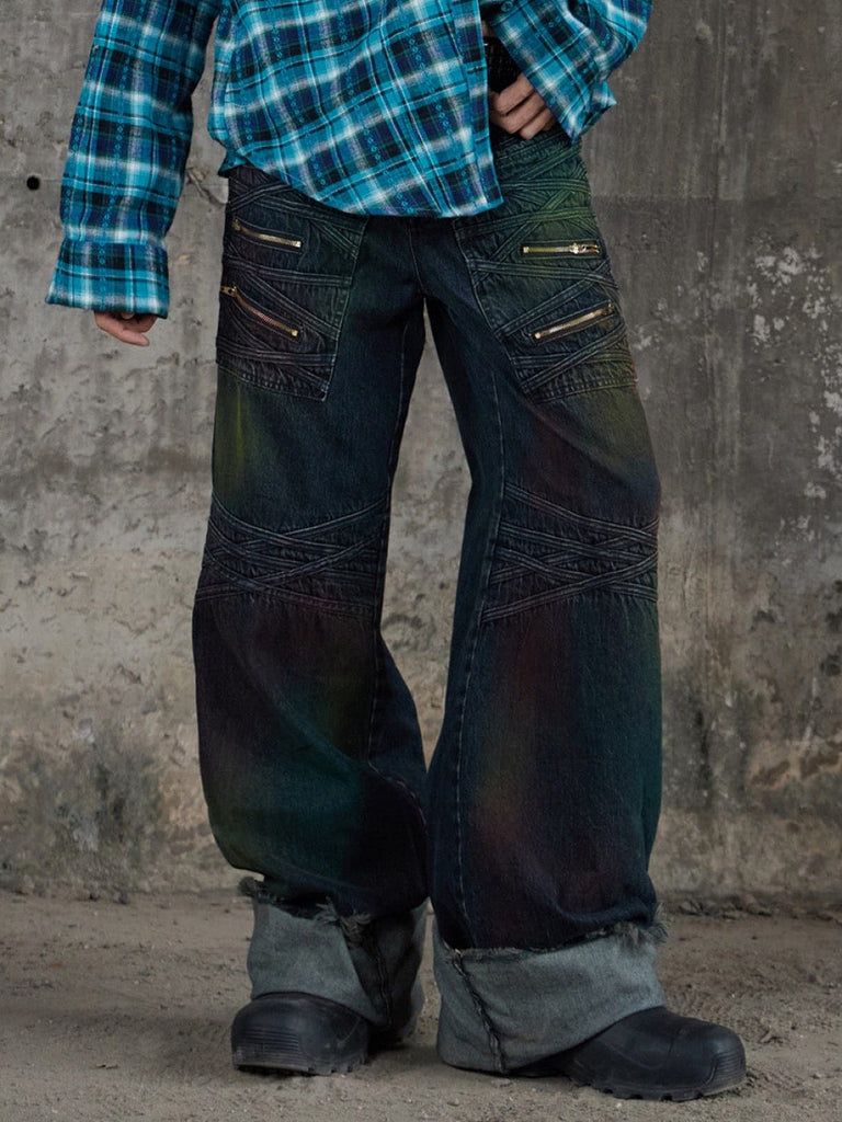 DND4DES Patchwork Raw-Edge Zipper Jeans Gradient, premium urban and streetwear designers apparel on PROJECTISR.com, DND4DES