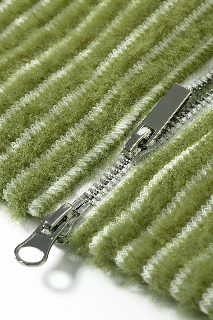 SOURPLUM Faux Mink Striped Knitted Zip-Up Jacket Cactus Green, premium urban and streetwear designers apparel on PROJECTISR.com, SOURPLUM
